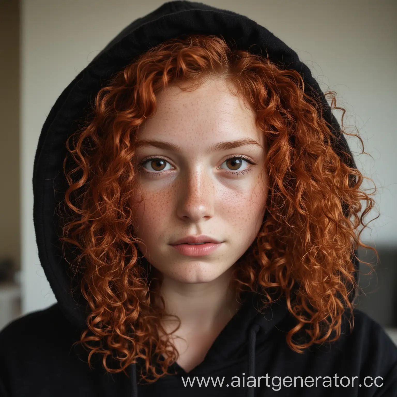 Естественное фото девушки с рыжими кудрявыми волосами до лопаток, карими глазами, веснушками в чёрном худи в домашней атмосфере