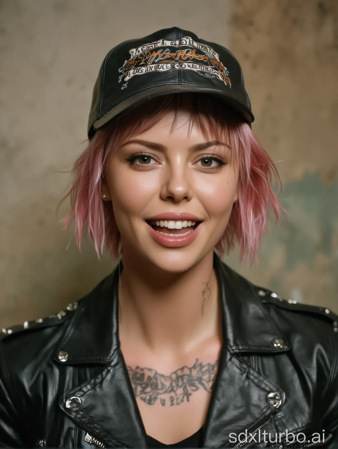 A closeup of young Charlize Theron, ((18 yo))，slim face, with a multicolored hair ,in a hat, taken with a Fujifilm X-T40, laughing, leather jacket, with tattoo,full body, with high detail and high resolution photography, photographed in the style of Wong Kar-wai