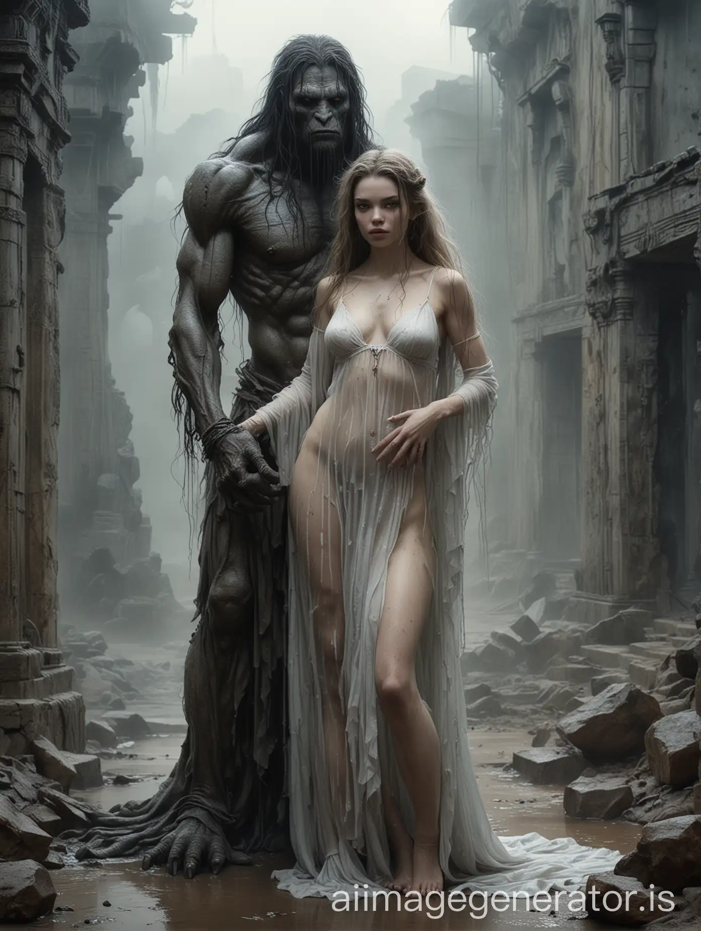portrait, luis royo dark art style, anya taylor-joy face, tall huge troll man creature and woman in love,  troll man grabbing woman with both huge hands, woman in translucent nightgown, wet ground, ancient ruins blurry foggy background