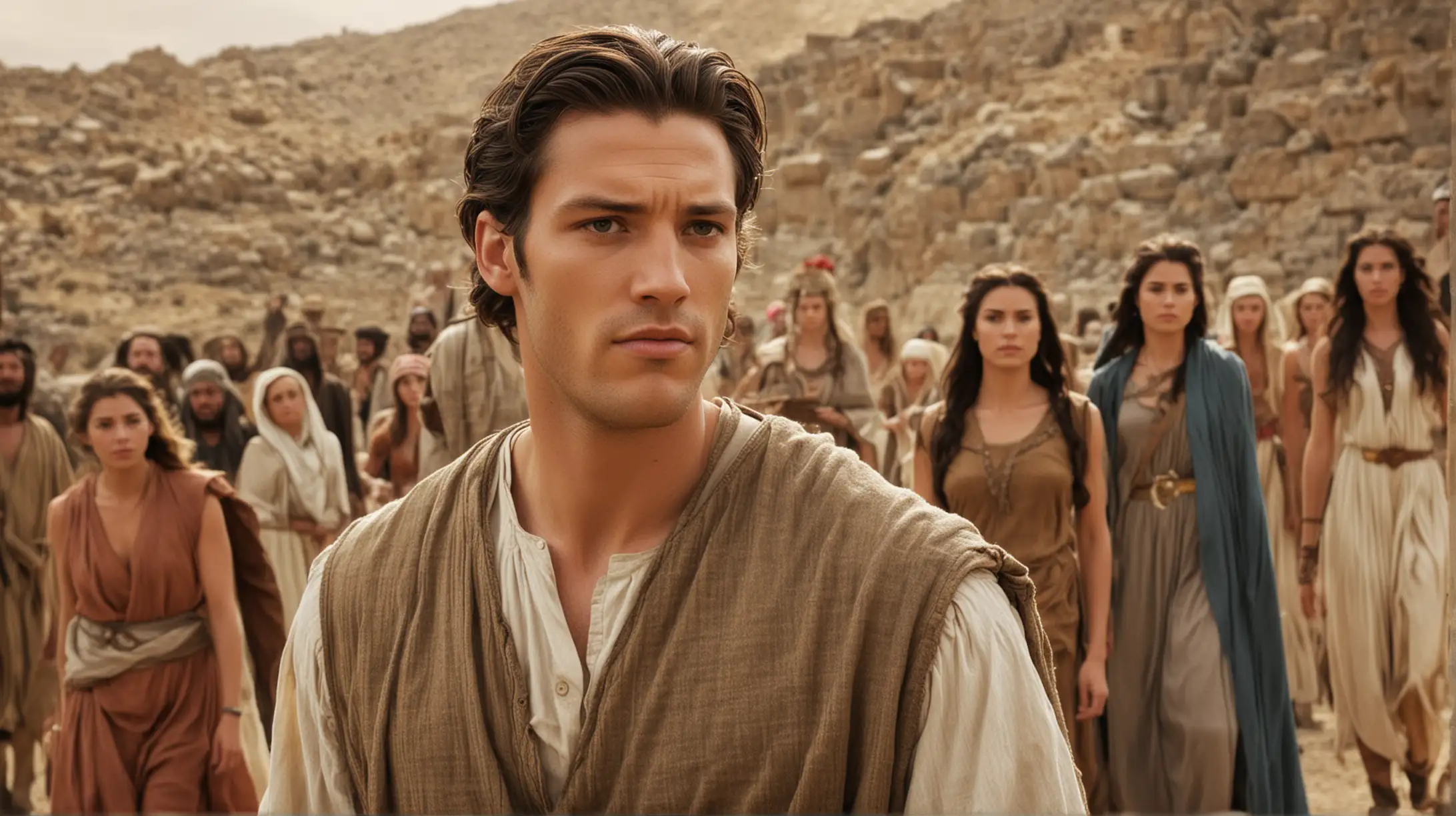 A well built handsome man in the foreground, with several pretty women behind him in the near distance. Set during the Biblical era of Moses.