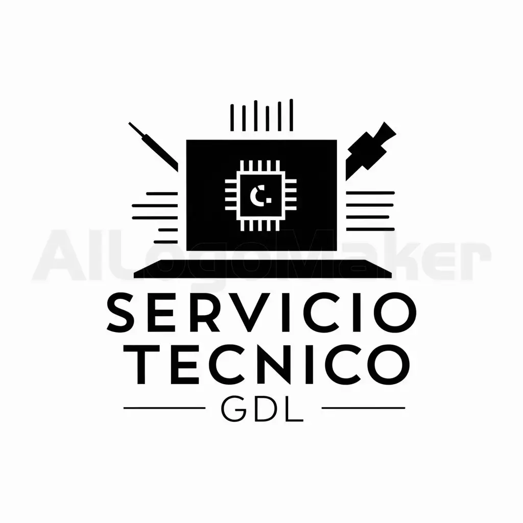 a logo design,with the text "SERVICIO TECNICO GDL", main symbol:A stylized silhouette of a computer or laptop with a microprocessor and a screwdriver crossbehind, symbolizing repair,complex,clear background