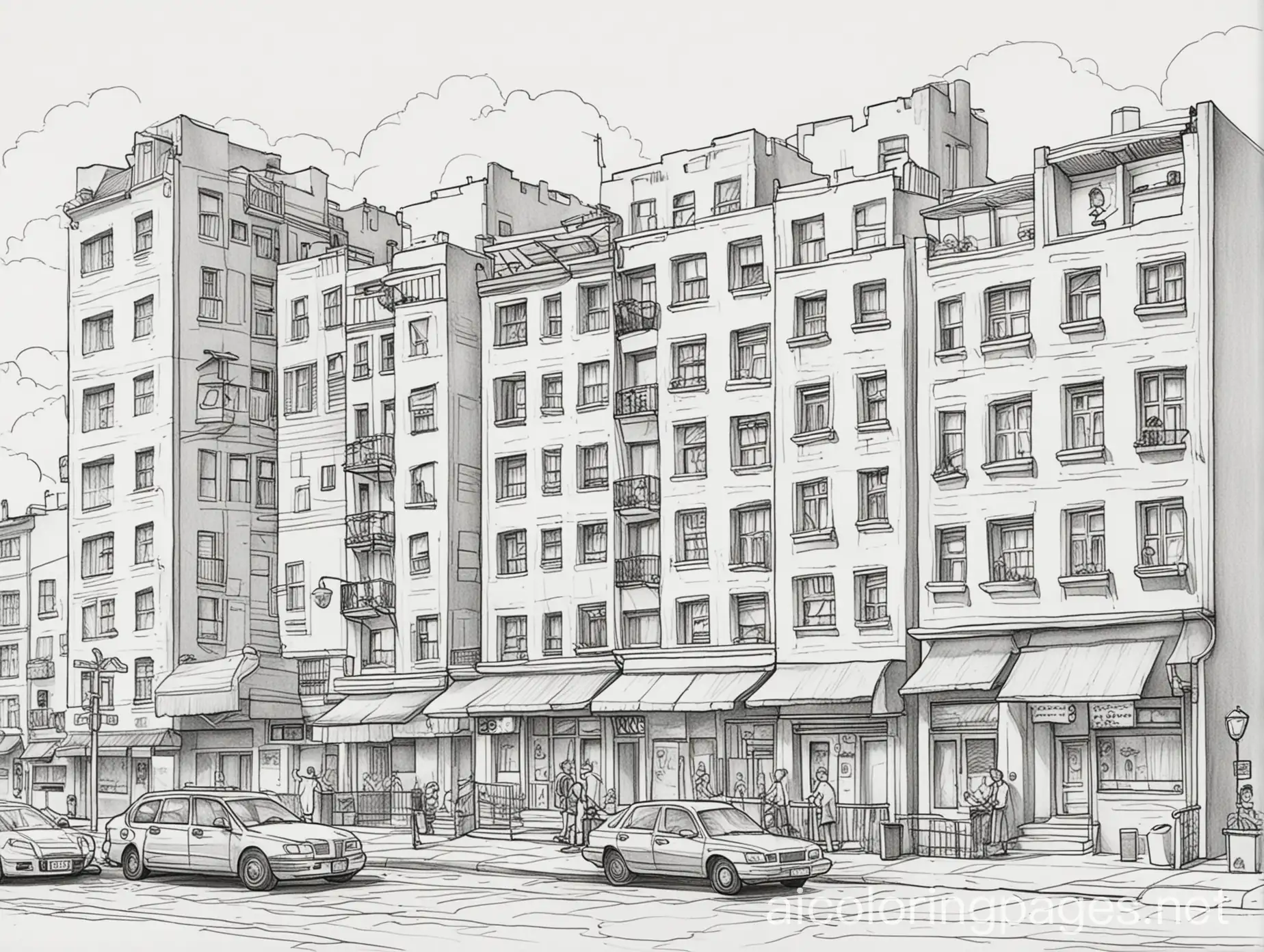 generate a cartoon sketch depicting a set of apartment buildings which encompasses details of people conducting various of activities. Street viewpoint

, Coloring Page, black and white, line art, white background, Simplicity, Ample White Space. The background of the coloring page is plain white to make it easy for young children to color within the lines. The outlines of all the subjects are easy to distinguish, making it simple for kids to color without too much difficulty