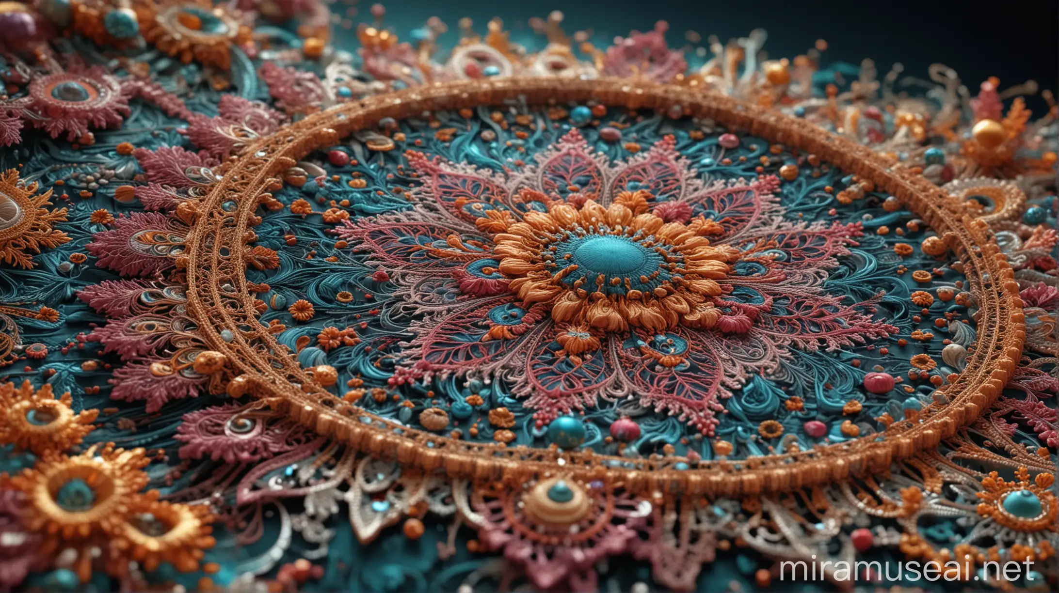 Make this picture more detailed, and more colourful in the centre, complex 3D rendering hyper detailed, fine lace filigree details, embroidered, mandelbrot fractal, octane design, 8k
