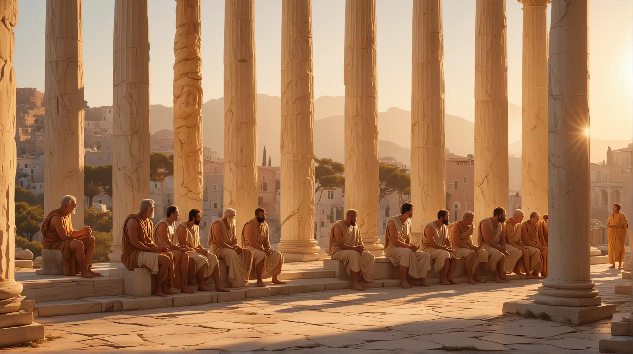 Visualize a serene scene in ancient Greece, where a group of Stoic philosophers engage in deep contemplation under the shade of towering marble columns. The philosophers, with their lean and muscular build, are depicted in animated conversation, gesturing with conviction as they discuss the principles of self-discipline and self-mastery. The warm glow of the setting sun bathes the scene in a golden light, evoking a sense of tranquility and introspection.