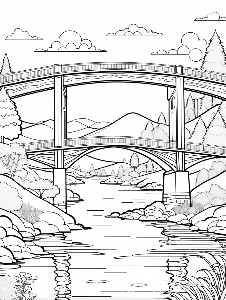 extremely simple, cartoon style, beautiful bridge, easy to color, black and white, coloring page, Coloring Page, black and white, line art, white background, Simplicity, Ample White Space, The background of the coloring page is plain white to make it easy for young children to color within the lines. The outlines of all the subjects are easy to distinguish, making it simple for kids to color without too much difficulty