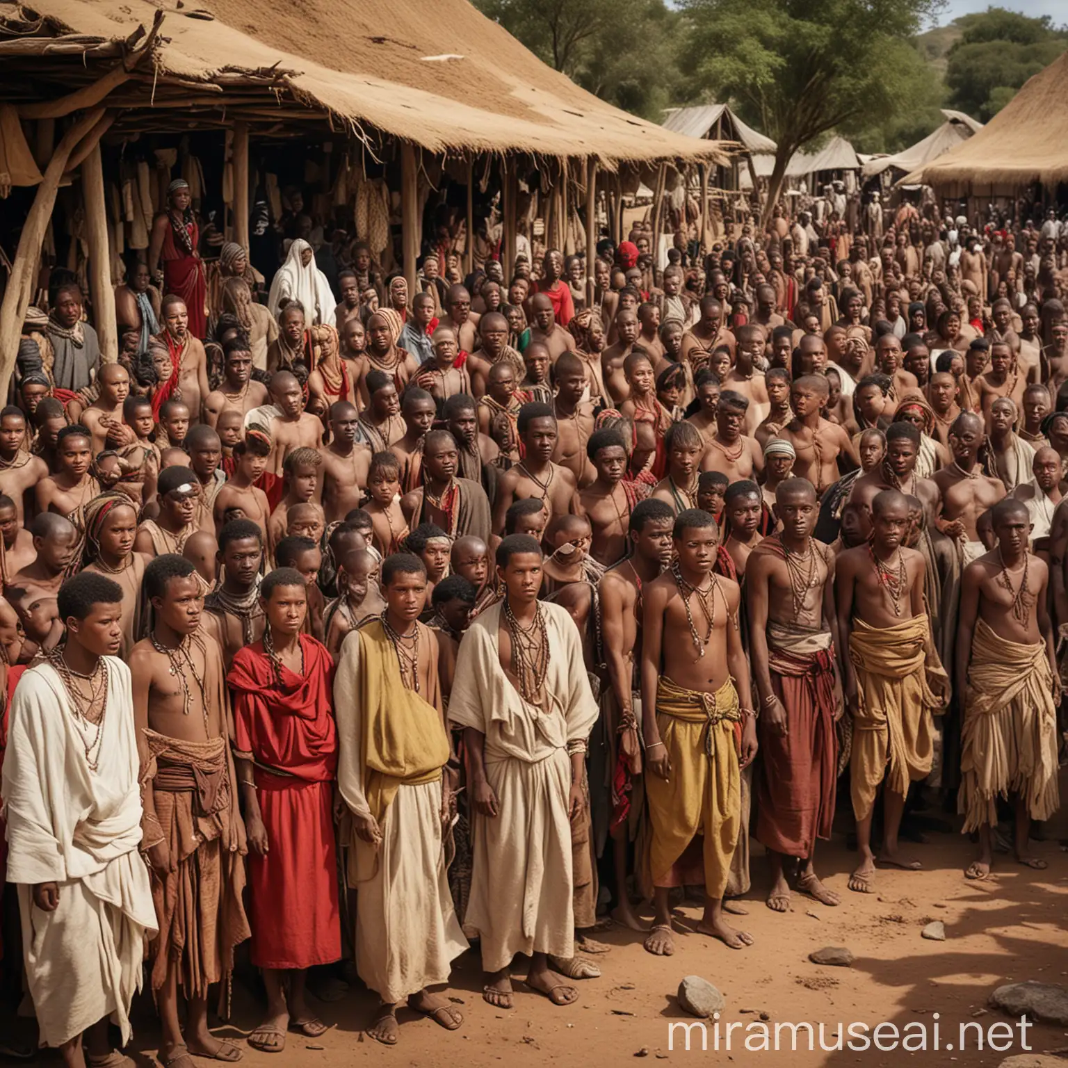 A group of people featuring all the races and ethnicities in Africa and other negroid people, bantu, amazigh,  maasai, Malagasy, khoisan, Ethiopid,  aboriginals, papuams, melanesians, pygmy, in a market place
