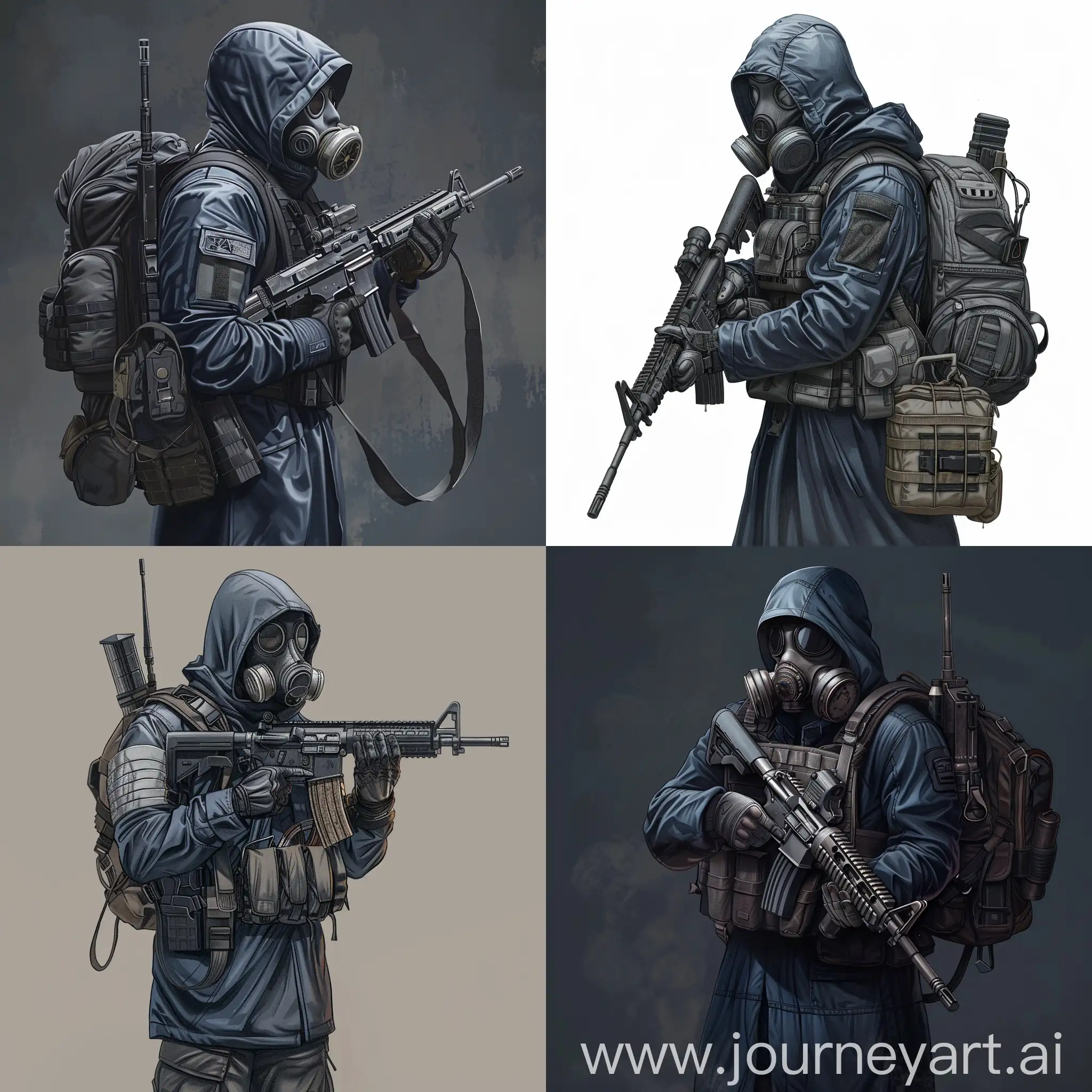 Digital character desing, mercenary from the universe of S.T.A.L.K.E.R., dressed in a dark blue military raincoat, gray military armor on his body, a gasmask on his face, a military backpack on his back, a rifle in his hands.