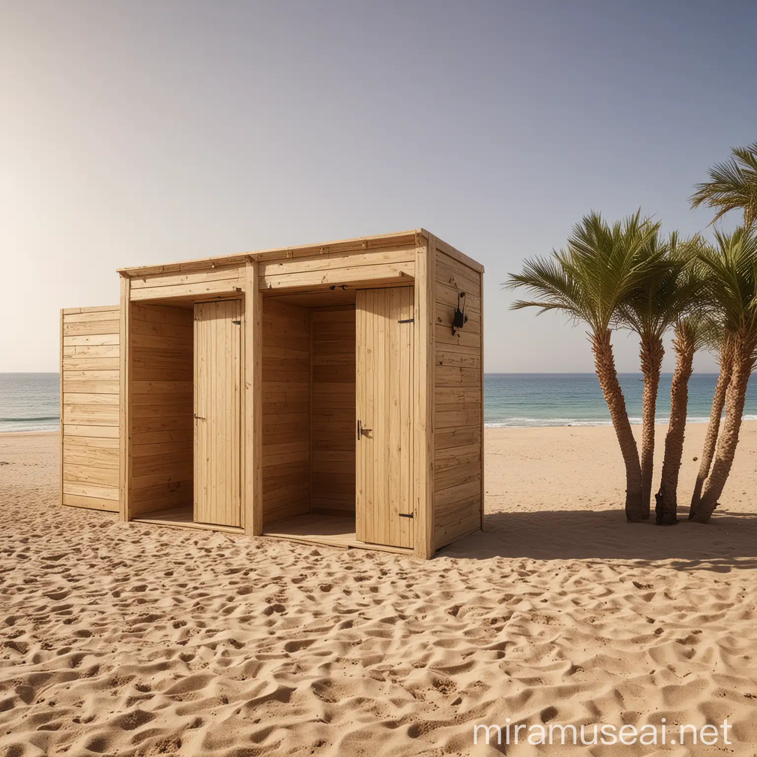 generate and image of  3 wooden changing rooms on the sand by a beach in Egypt  in the morning , and design the changing rooms to look aesthetically  pleasing, comfortable, and easily accessible. do not add any greenery 
