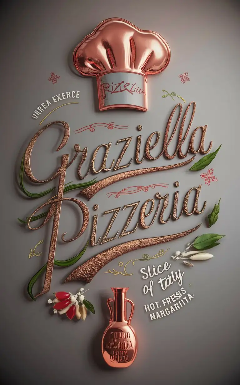 Handwritting Graziella Pizzeria logo, Restaurant logo, Italian colors, , Italian decoration, Chef hat sketch, Slogan, Slice of Italy, Unreal engine, Hot fresh Margarita, Copper Oil Bottle Hand Engraved