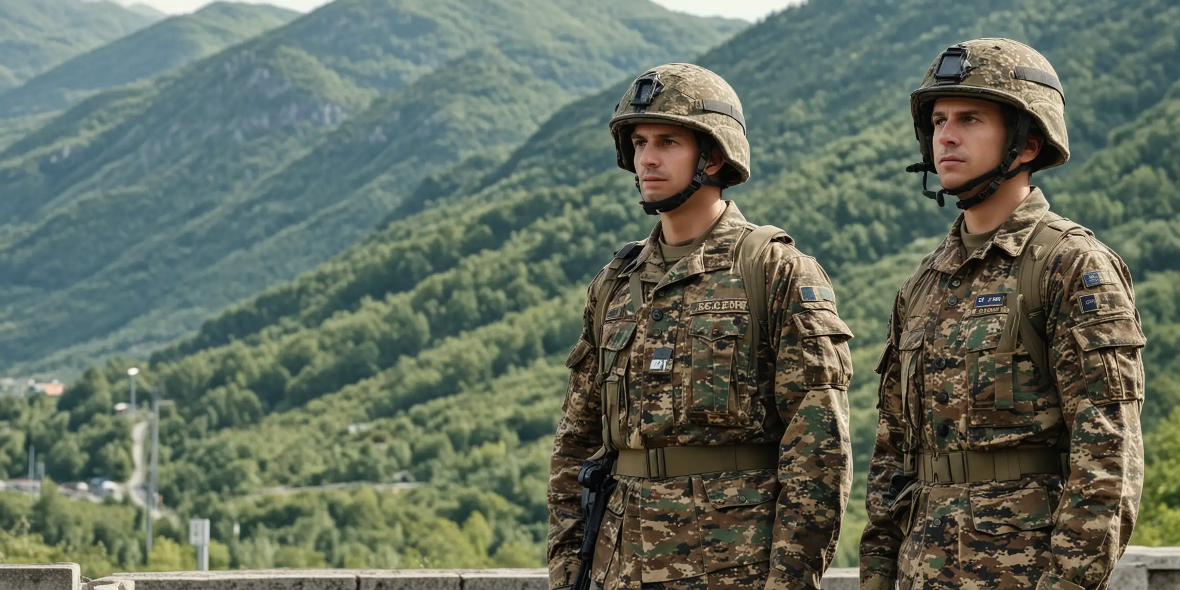 Modern Liechtenstein soldiers with helmets wearing digital camouflage standing at checkpoint, mountain road background