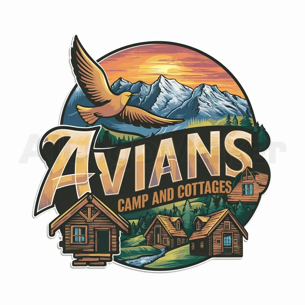 a logo design,with the text "AVIANS CAMP AND COTTAGES, Ghughukham-Pangoot", main symbol:Bird, Mountains, Valley, Sunset Wood Cottages n,complex,be used in Others industry,clear background