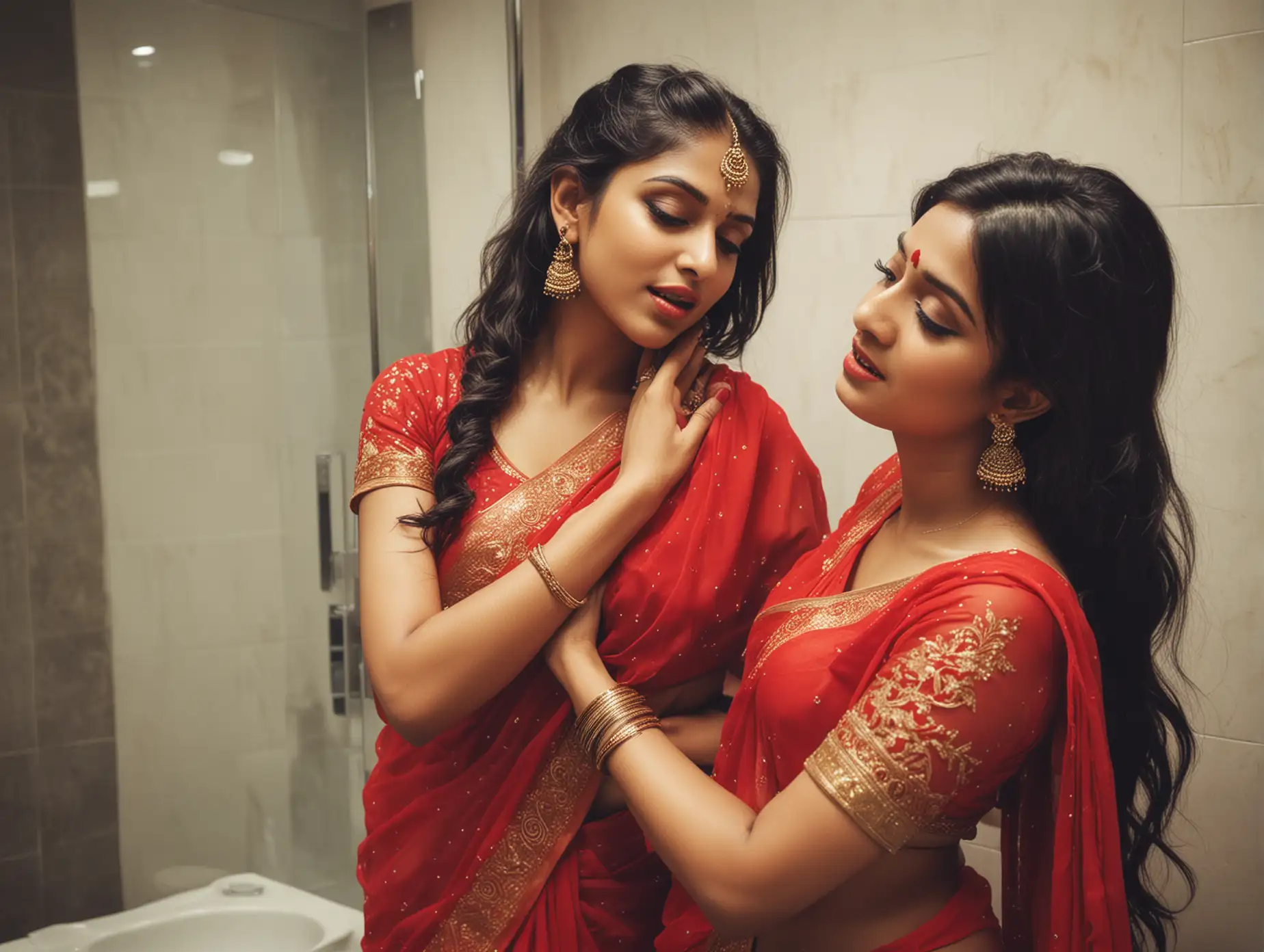 Two Indian hot girls,wearing red Georgette saree, best makeup,open hairs,in washroom ,smooching on ear and neck,high contrast, ultra realistic,portrait full length shot