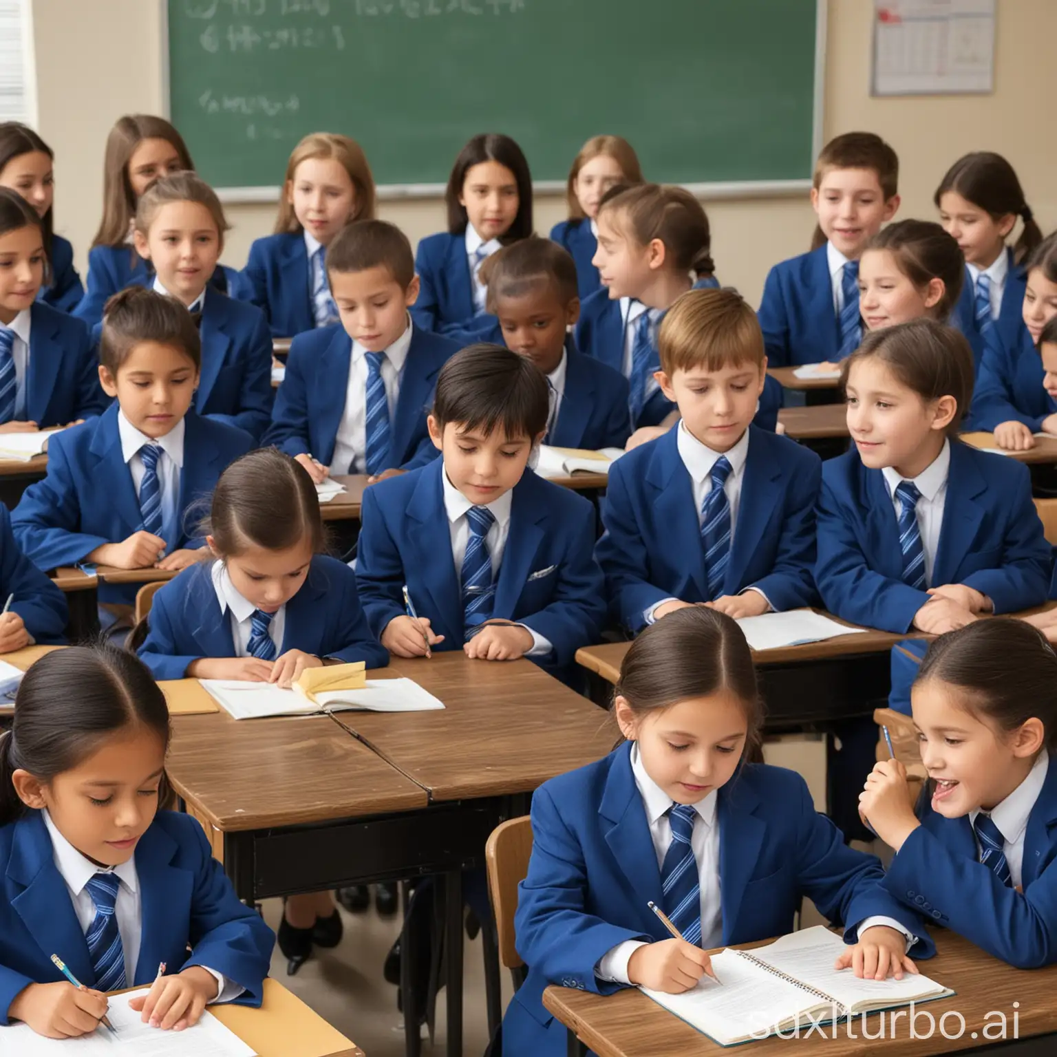 there are grade 1, 5 years old of 20  primary school students in the classroom, students talk to each other, they wearing blue suit, tie in an America school