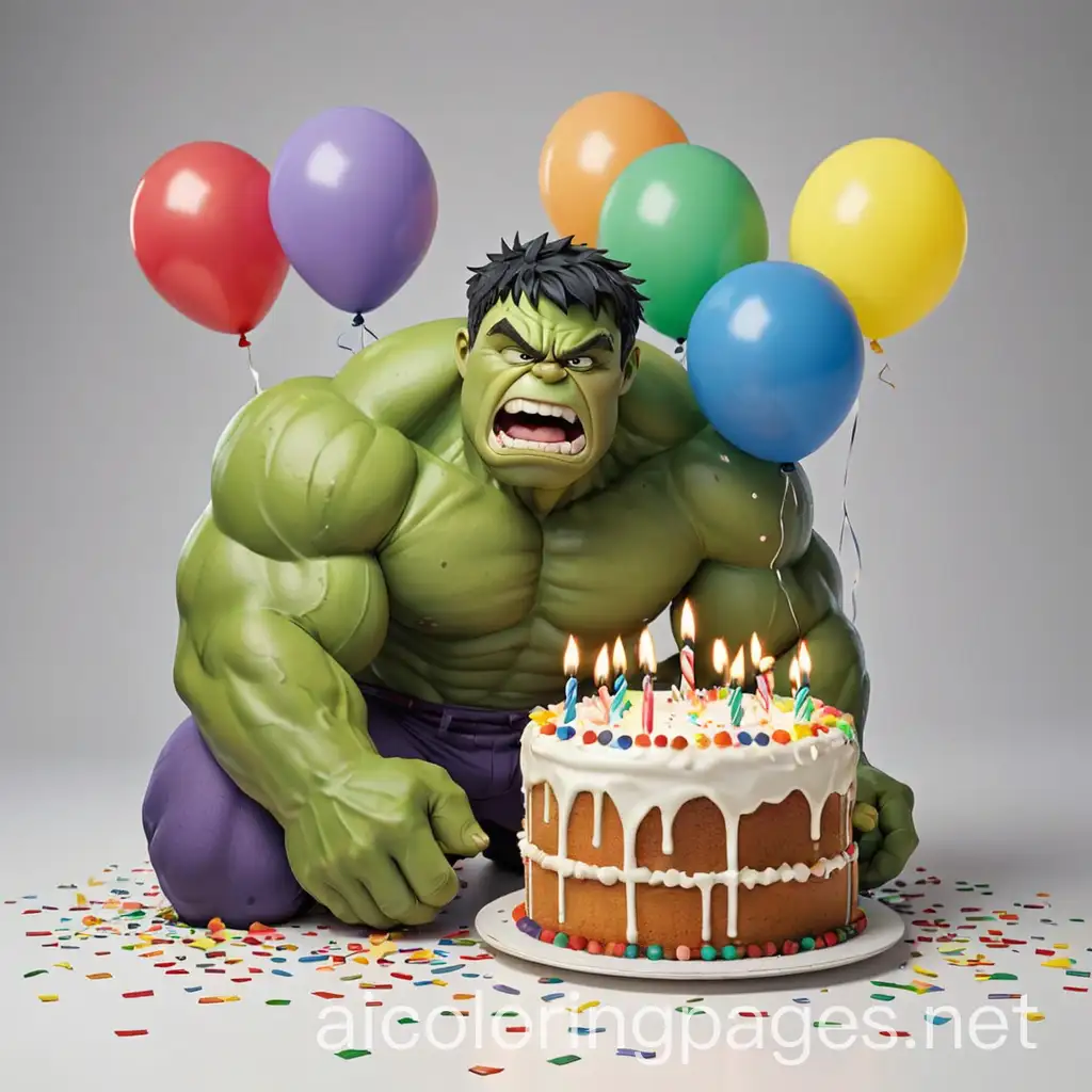Colorized Birthday card with hulk and  baloons confetti and cake with 4 candels 
, Coloring Page, black and white, line art, white background, Simplicity, Ample White Space. The background of the coloring page is plain white to make it easy for young children to color within the lines. The outlines of all the subjects are easy to distinguish, making it simple for kids to color without too much difficulty
