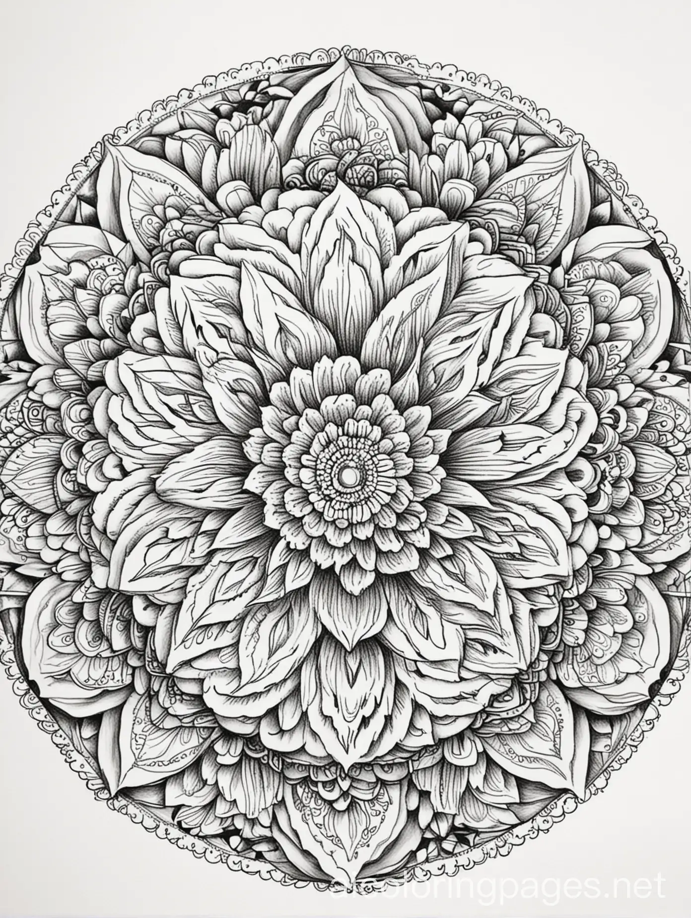mandala, peaceful mind, coloring mandala flower, Coloring Page, black and white, line art, white background, Simplicity, Ample White Space. The background of the coloring page is plain white to make it easy for young children to color within the lines. The outlines of all the subjects are easy to distinguish, making it simple for kids to color without too much difficulty