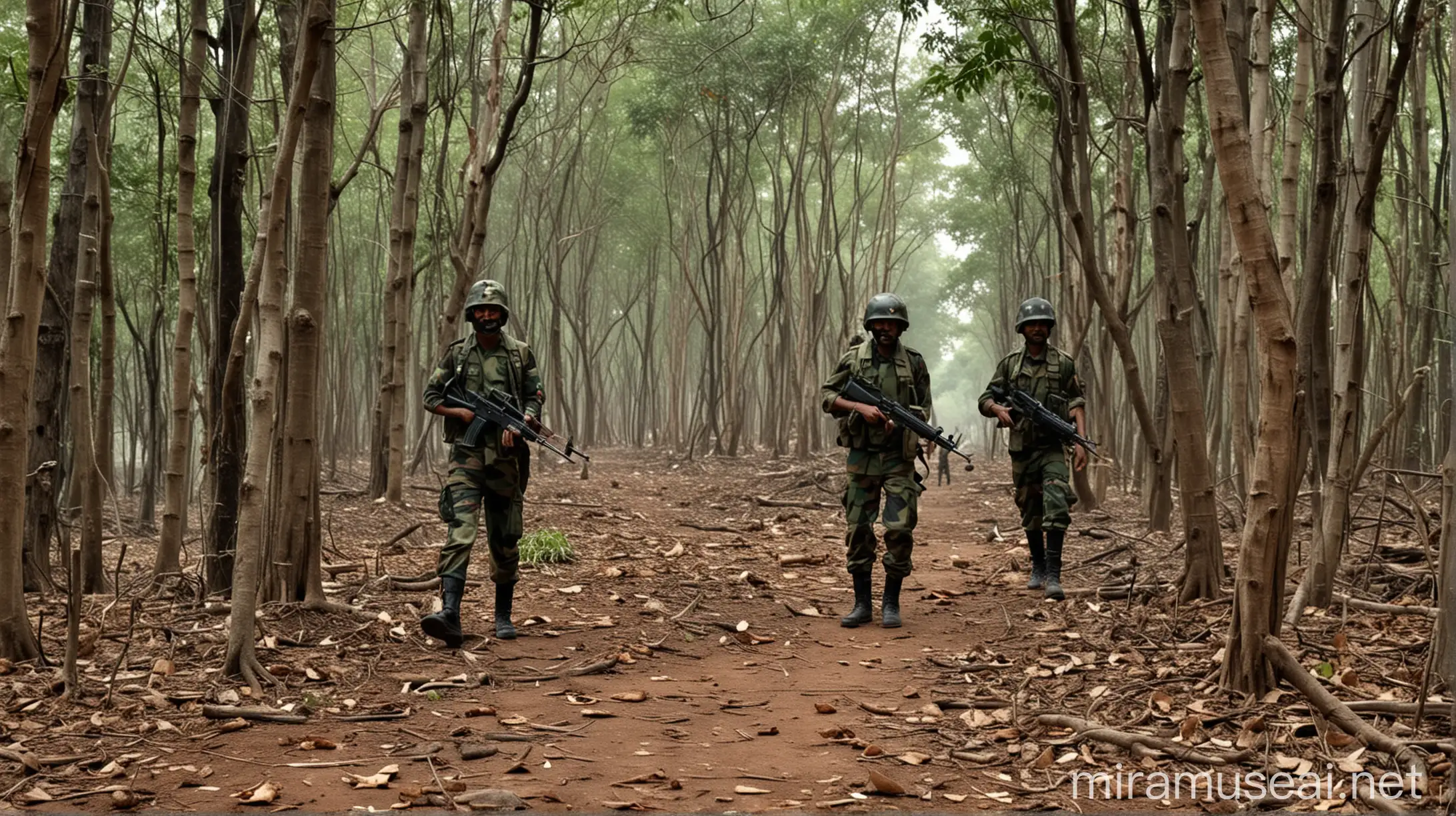 encounter between naxali and security forces in India, forest, hyper detailed