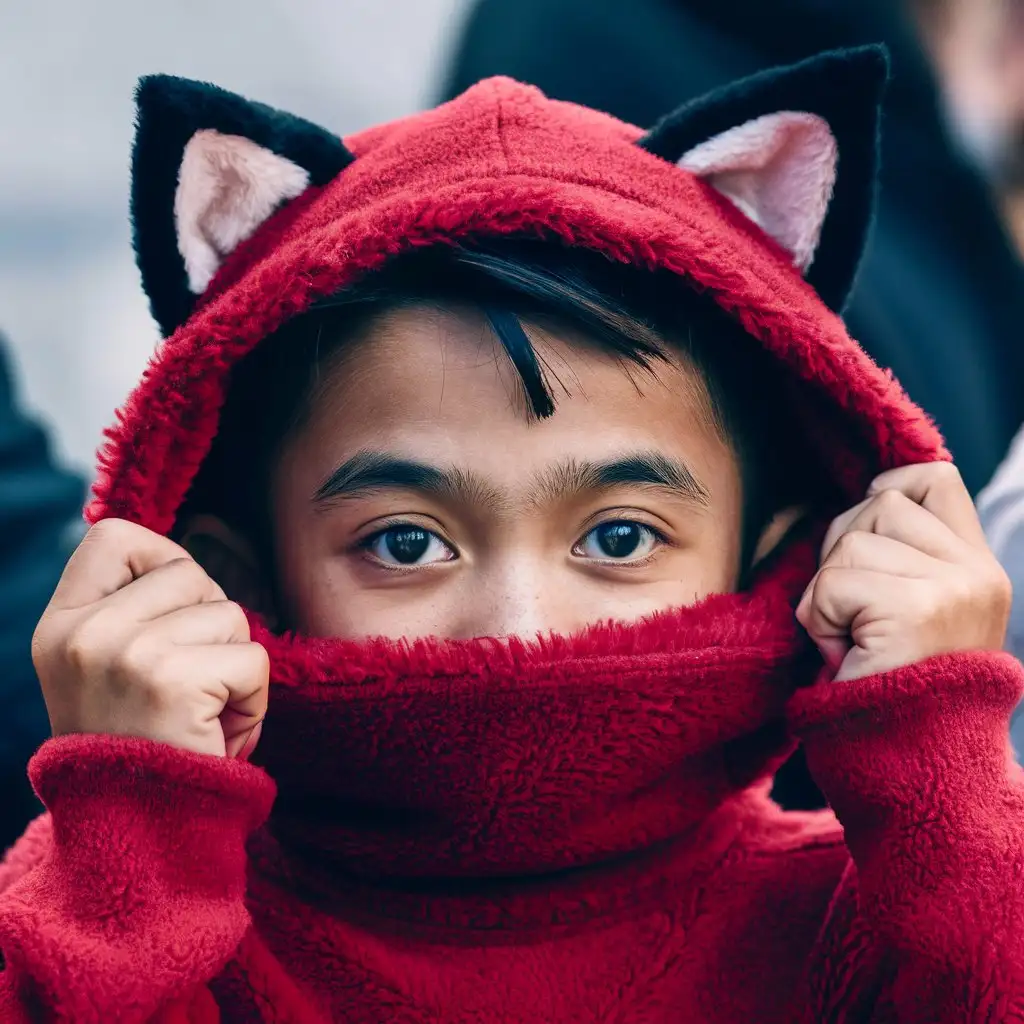 Adorable-12YearOld-Catboy-in-Red-Turtleneck-Shirt-and-FluffyFleece