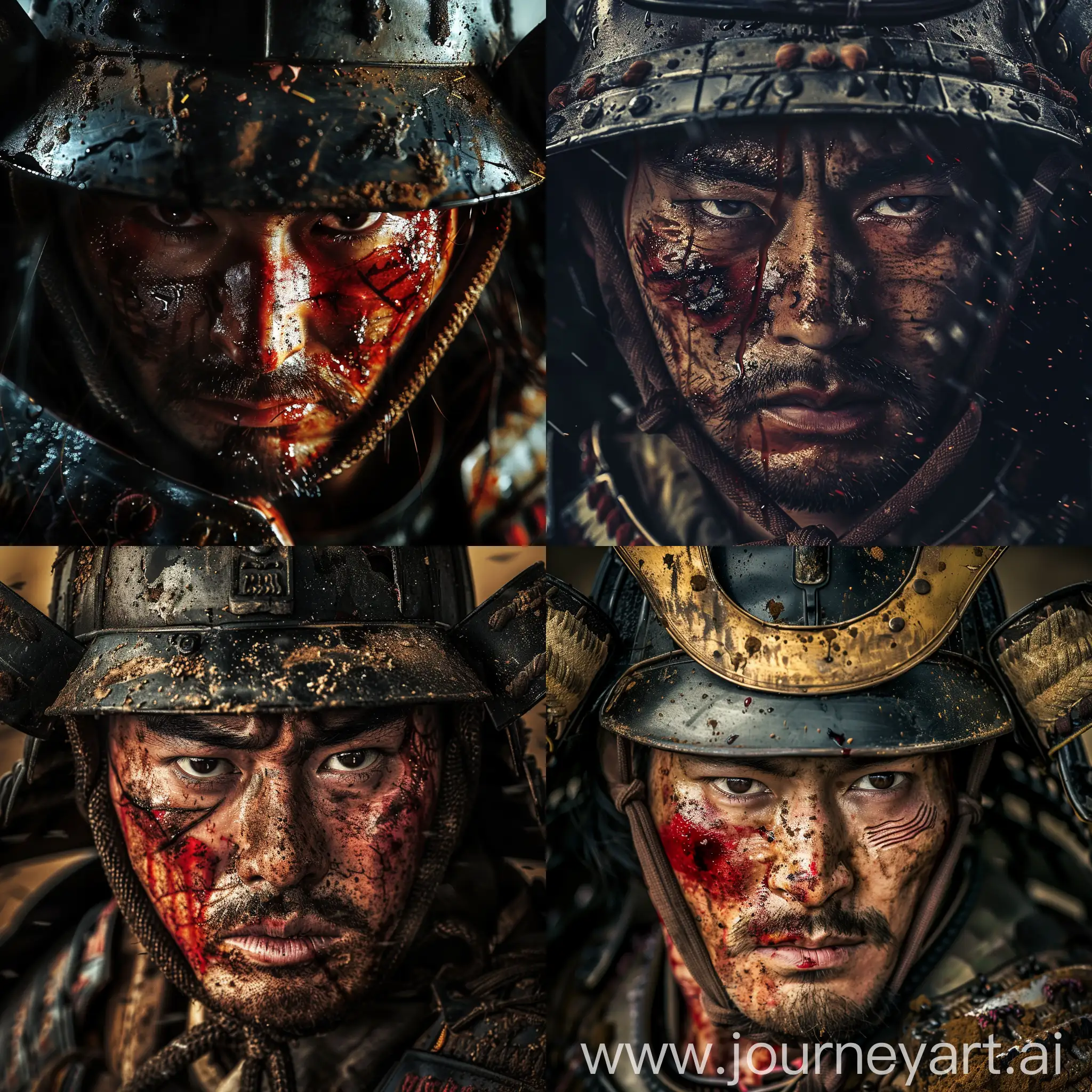 Close up image of Japanese Samurai warrior, Samurai helmet, scar on his face, war dirt, crimson liquid, dramatic face expression, cinematic lighting