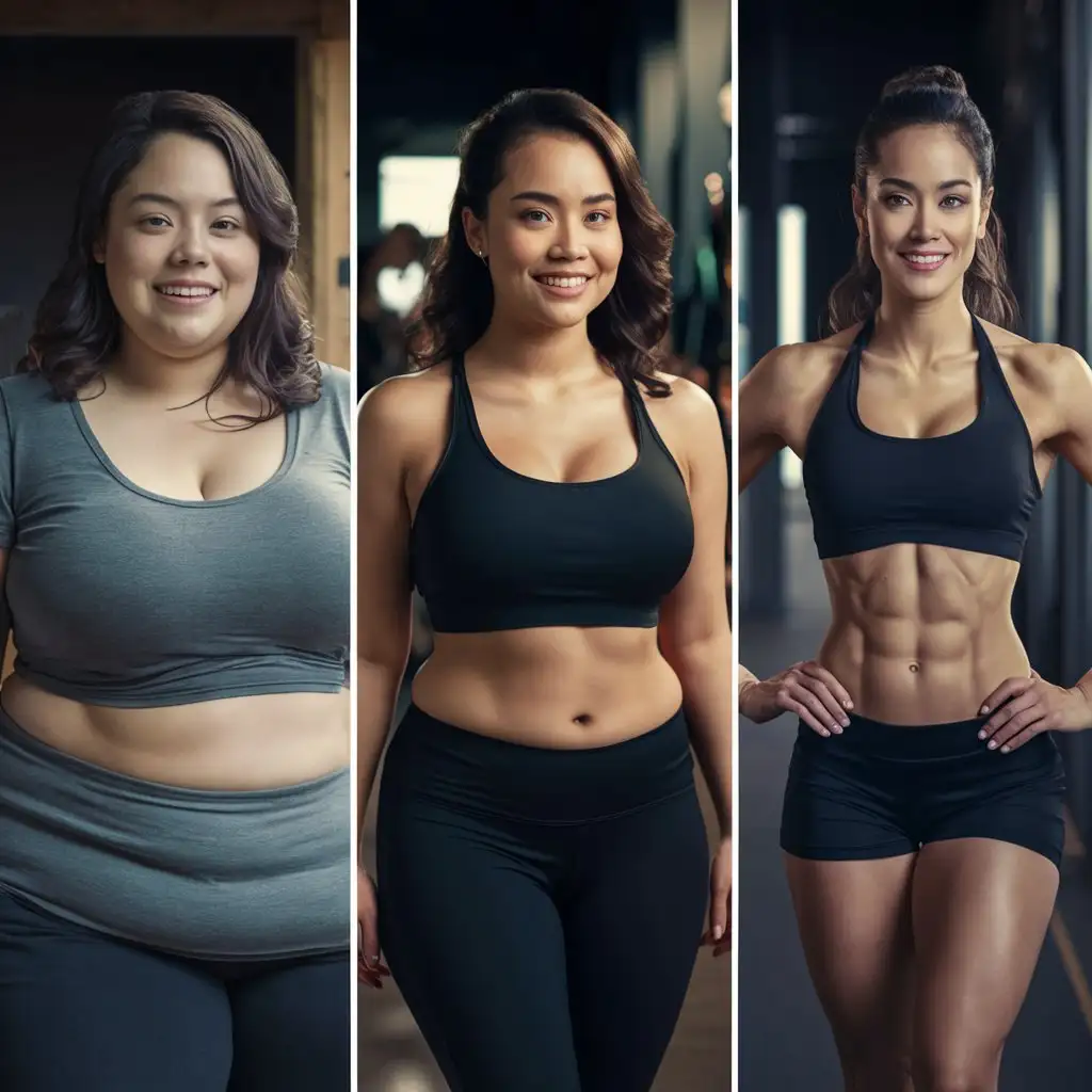 Три картинки, они иллюстрируют этапы похудения одной женщины. На первой она немного полная, на второй немного подкаченная, на третьей в хорошей форме, в полный рост