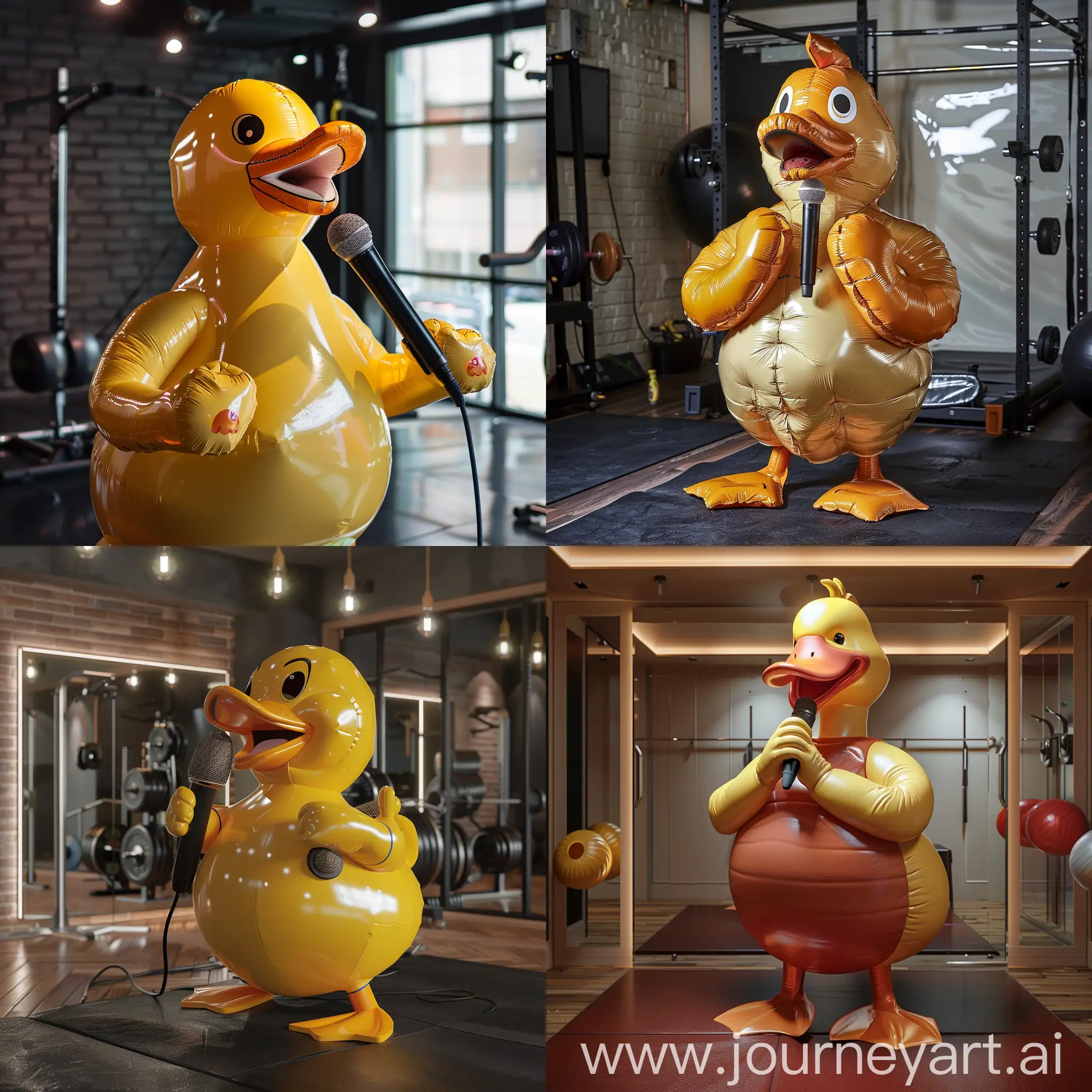 Duck-with-Inflated-Human-Body-Exercising-in-Workout-Room-with-Microphone