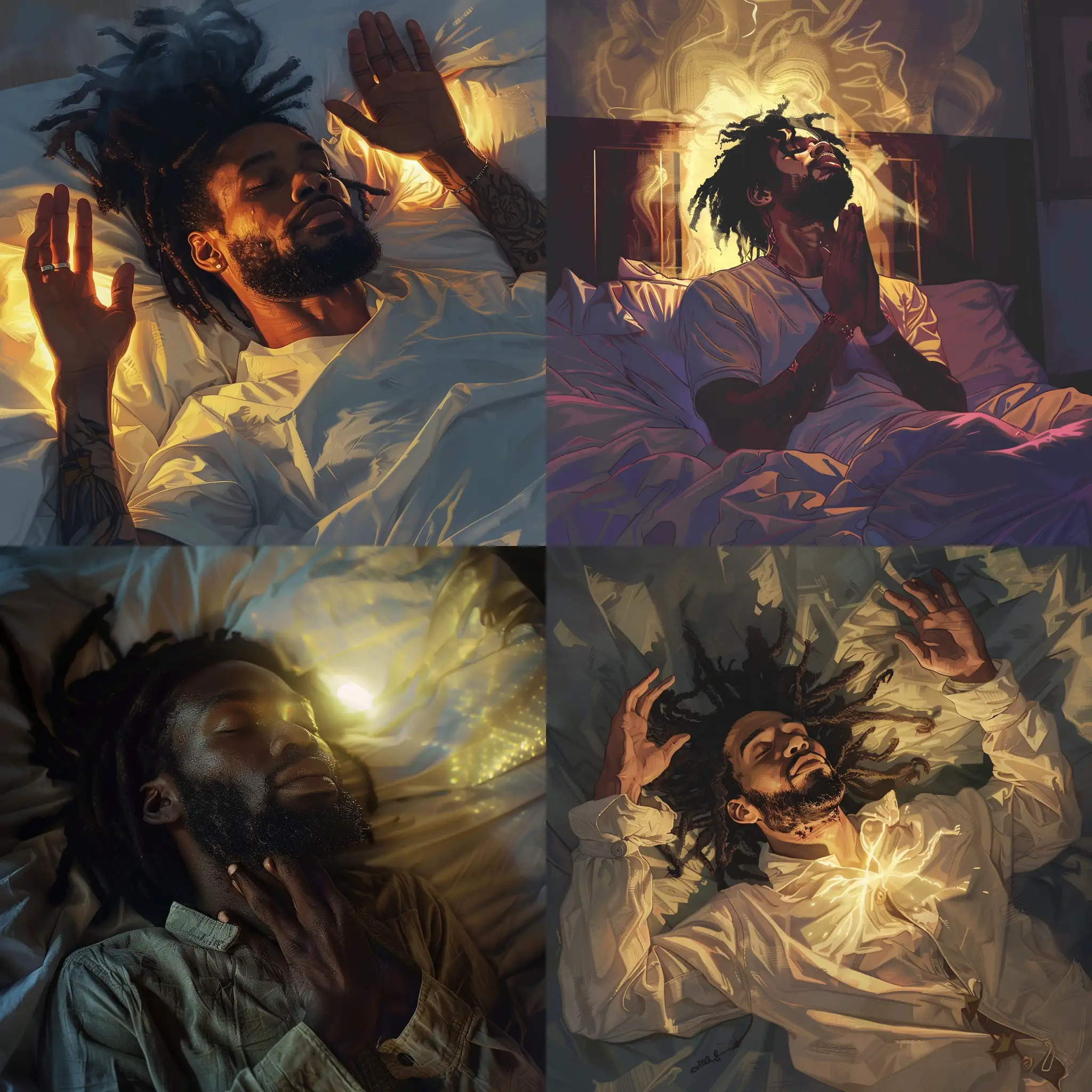 black man with dreads laying on his stomach in bed, his hands raised in prayer, and a subtle glow surrounding him