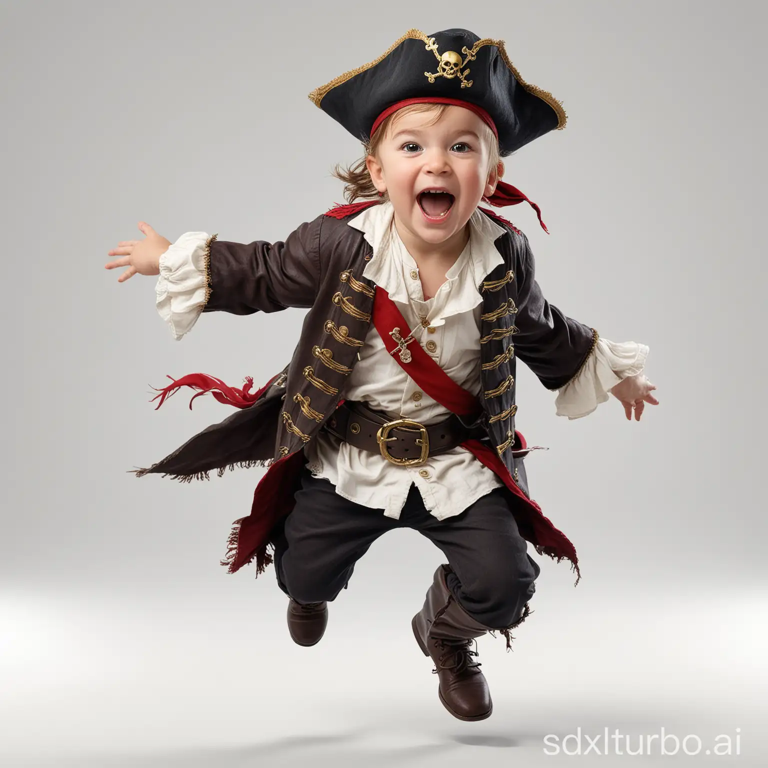 cute kid, dressed as a pirate, happy and having a good time, cute, jumping in the air excited on a plain white background. This is a full body photo realistic high resolution image with sharp clean subject focus