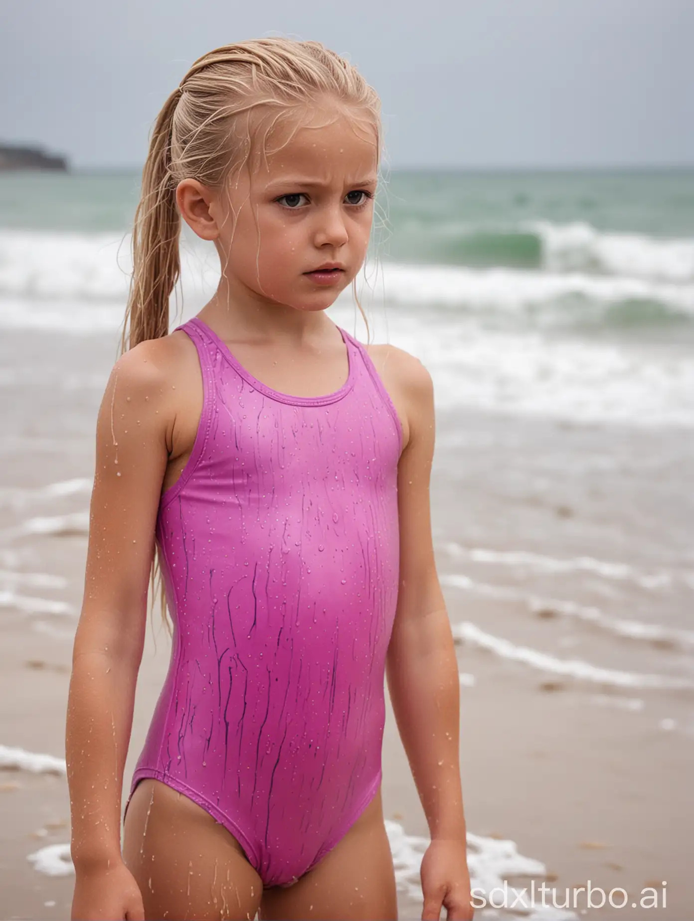 A blond and wet 8 year old girl with a long ponytail is wearing a tight pink and purple tight one piece swimsuit at the beach not looking amused.