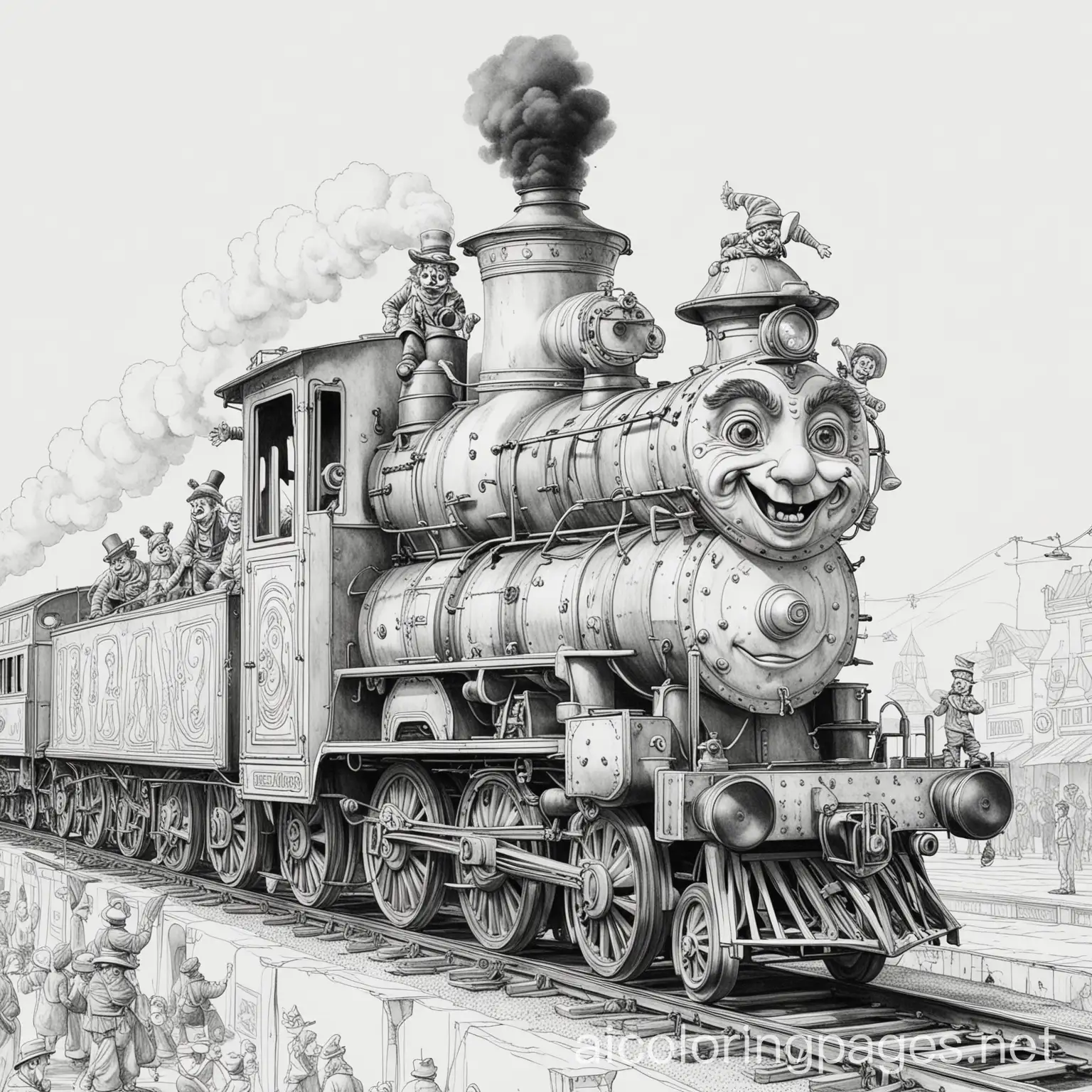 circus steam train in the station with clowns on the side looking down from the top, Coloring Page, black and white, line art, white background, Simplicity, Ample White Space. The background of the coloring page is plain white to make it easy for young children to color within the lines. The outlines of all the subjects are easy to distinguish, making it simple for kids to color without too much difficulty