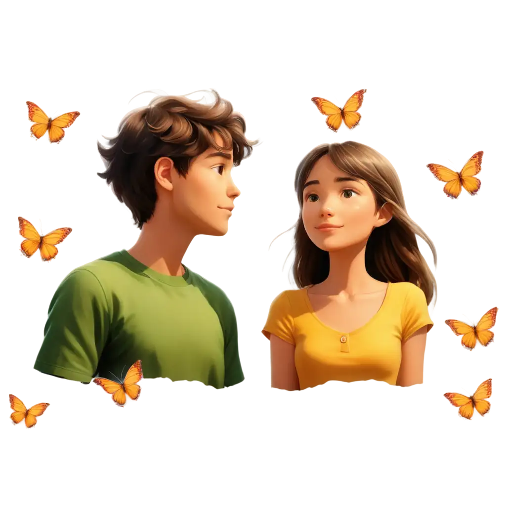 painting style of a boy and girl close to each other, surrounded by butterflies in the air, ponzo illusion, golden rush hour, mirage, sea breeze, 80 and 90 The psychedelic summer feverdream, caustics optical effect,rayleigh scattering,natural look, film stock, smooth tonality, soft focus and bokeh, hdri, bokeh, very breathtaking, realistic, double long exposure, studio ghibli and makoto shinkai style, ultra detail, ultra realist , HD ,8k,