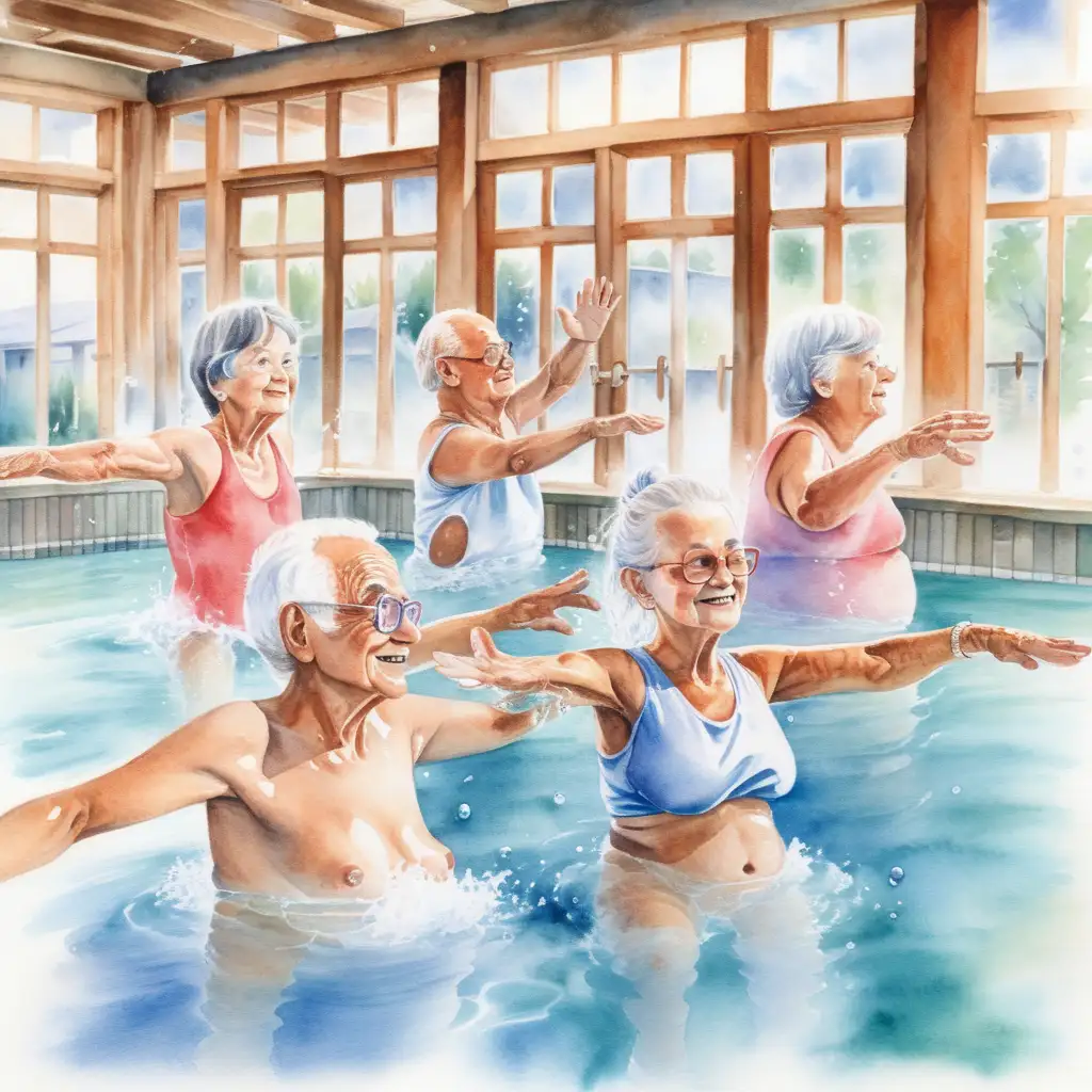 In watercolor, older people who do water gymnastics, in a bathhouse