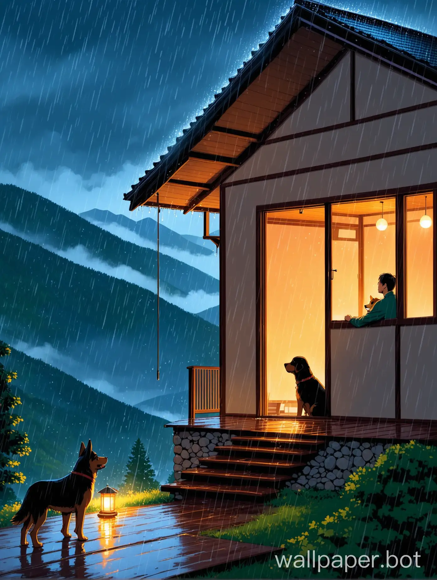 It is raining in a house a dog and a man are enjoying the mountain in the evening