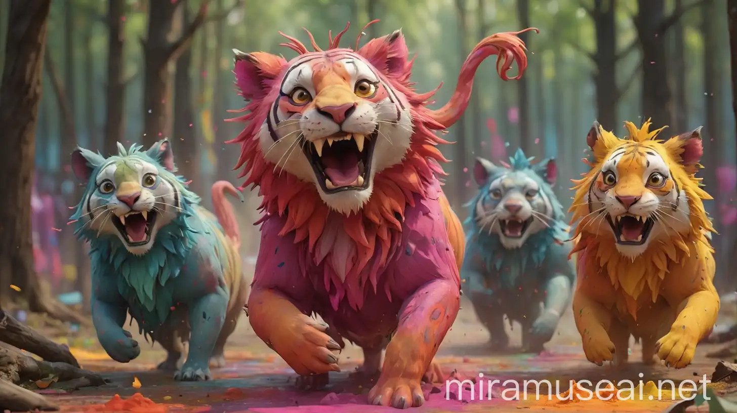 /imagine prompt: 3D animation, personality: [Illustrate the animals coming together to celebrate Holi, splashing colors on each other and dancing in a festive atmosphere. Show the forest alive with vibrant colors and jubilant expressions]unreal engine, hyper real --q 2 --v 5.2 --ar 16:9
