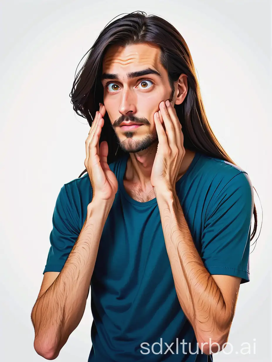 a tall man is worry about his very long balack straight hair, with funny appearence. His hands cover the face, who is amazing. cartoon sytle, flat inpaint