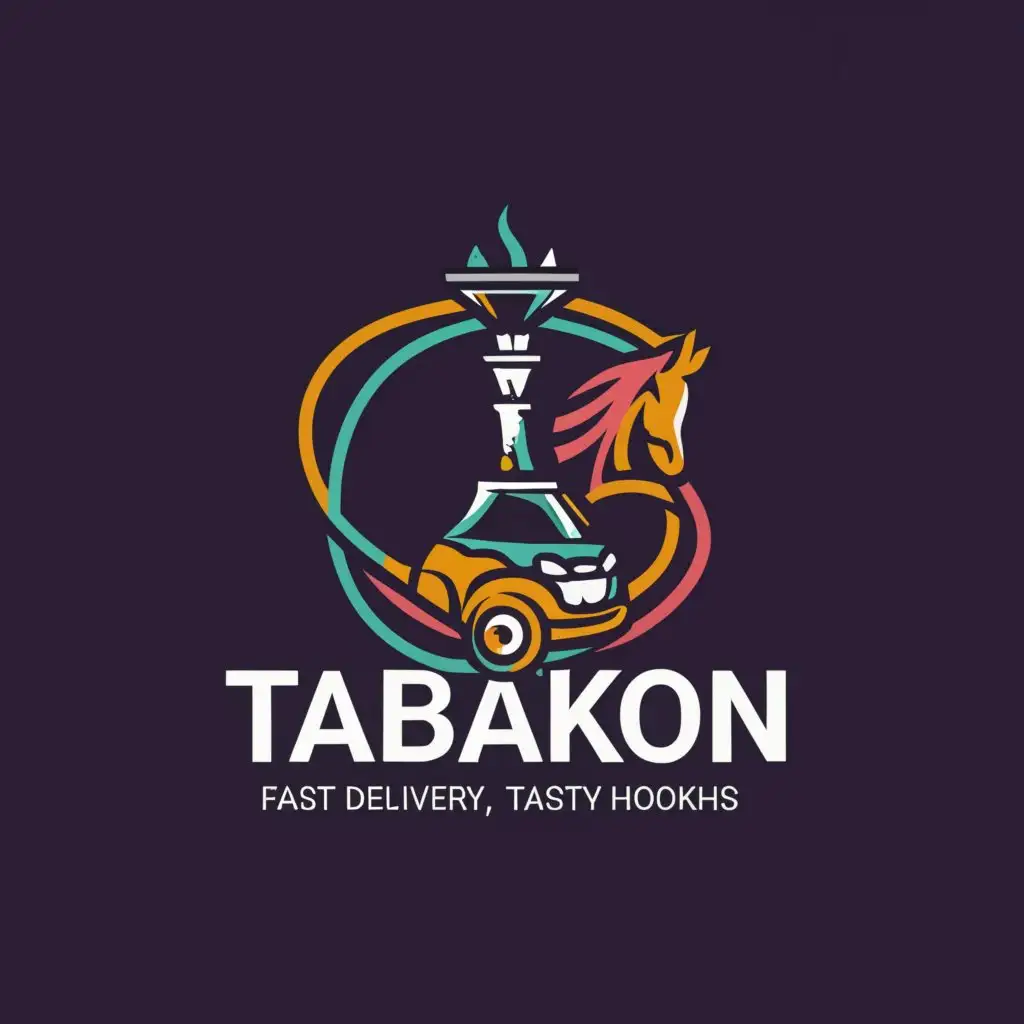 a logo design,with the text "Tabakon

Fast delivery, tasty hookahs", main symbol:hookah, smoke, horse
horse
, car, chill
,Moderate,clear background