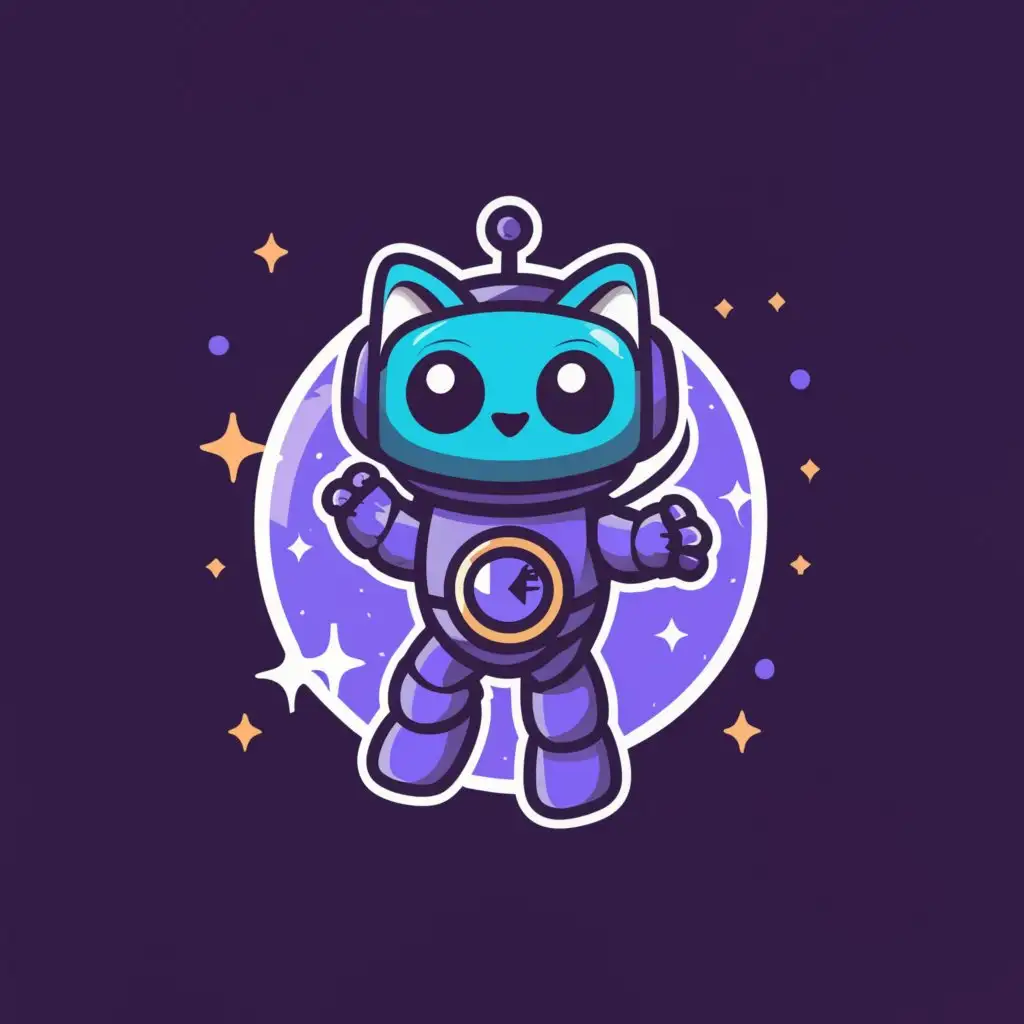 a logo design,with the text "Robot cat, cosmos, purple, childlike, game", main symbol:The robot in space in blue and purple colors, game,Moderate,be used in Children's toys industry,clear background