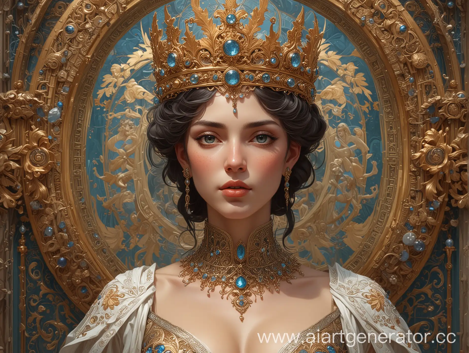 a painting of a woman with a crown on her head, by Galen Dara, fantasy art, intricate ornate anime cgi style, lady dimitrescu, ultra detailed color art, goddess of travel, highly detailed exquisite fanart, alphone mucha, symmetrical epic fantasy art, also known as artemis the selene, avatar image, karol bak uhd, lolth
