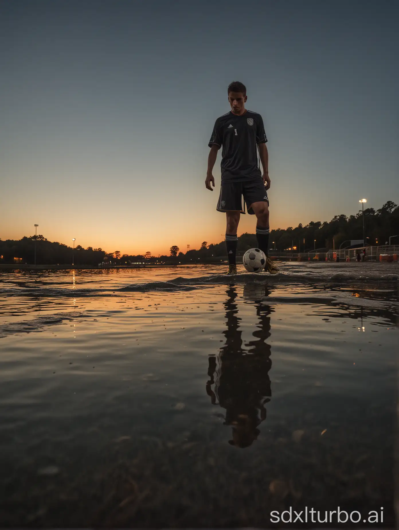 A closeup of a soccer player captured with a wideangle lens at dusk. A moment of loneliness and contemplation mood with water reflection. --ar 85:128 --v 6.0 --style raw