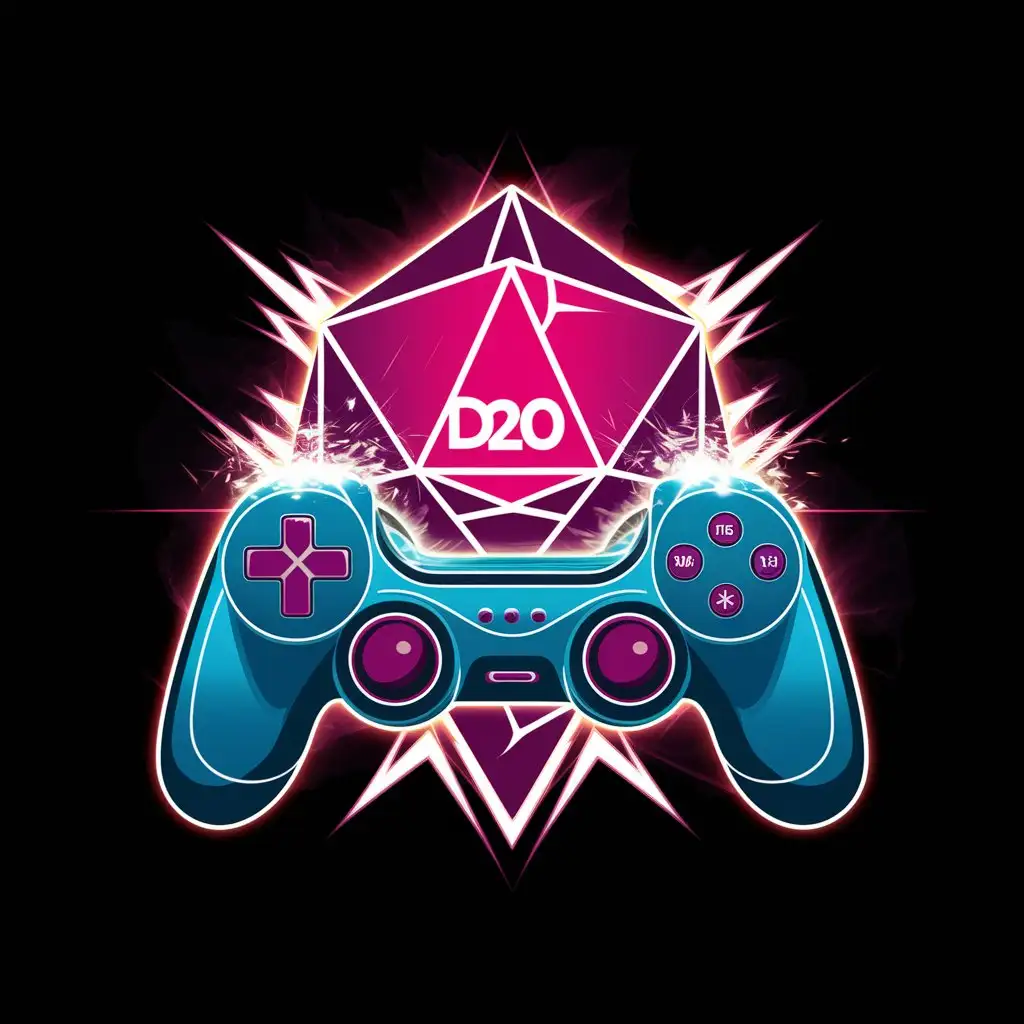 A D20 gaming Dice and a Gaming Controller in neon colors. Logo style.