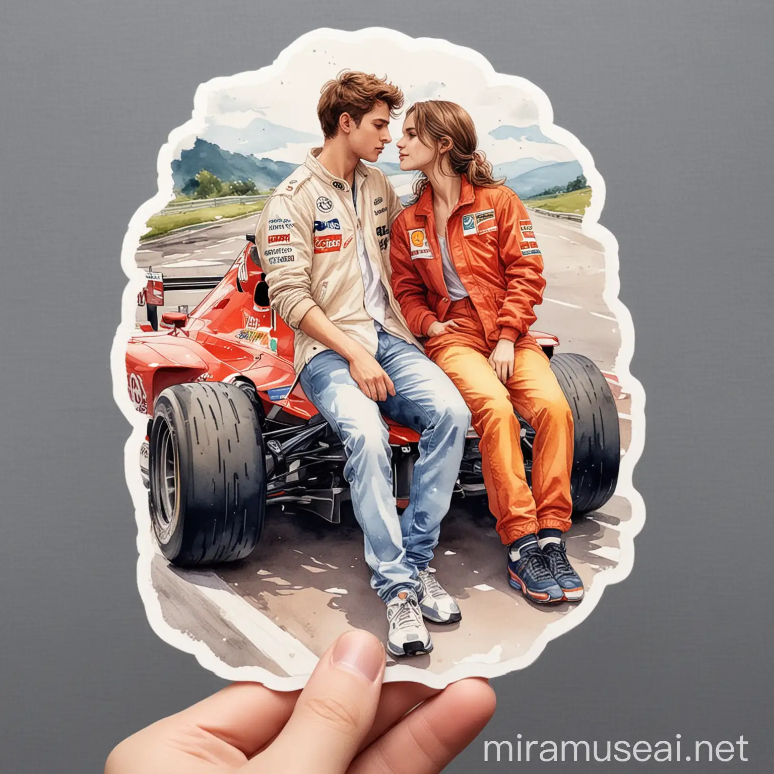 F1 ROMANCE watercolor illustration sticker, clothes, road, f1 car  