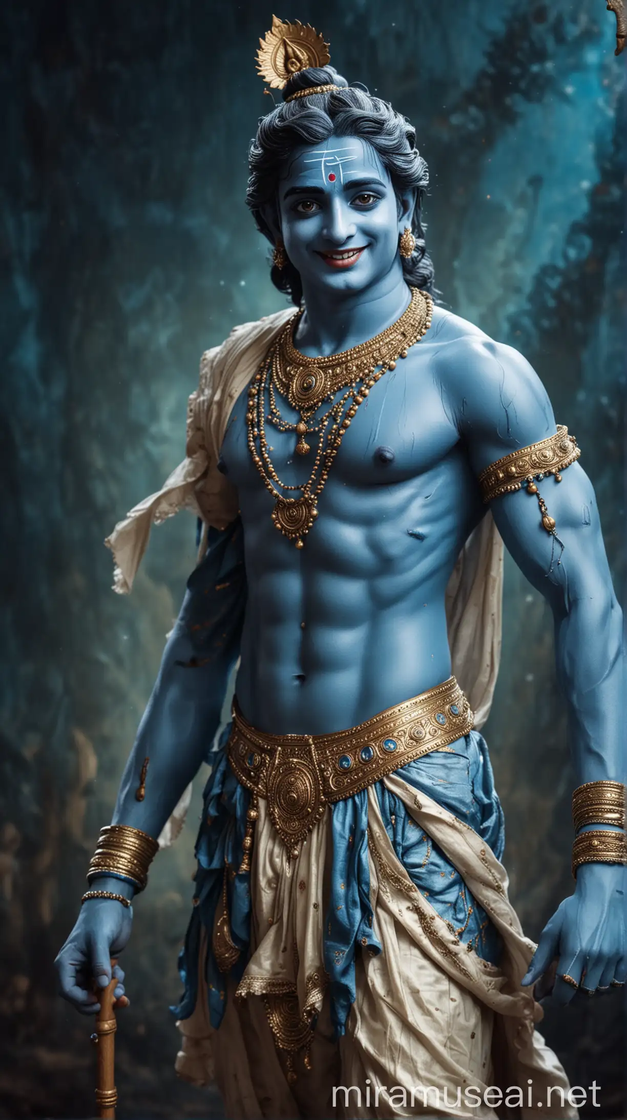 Handsome Lord Krishna,blue skin,mahabharata background,m,smile,perfect photo. Full body photo,less heights 