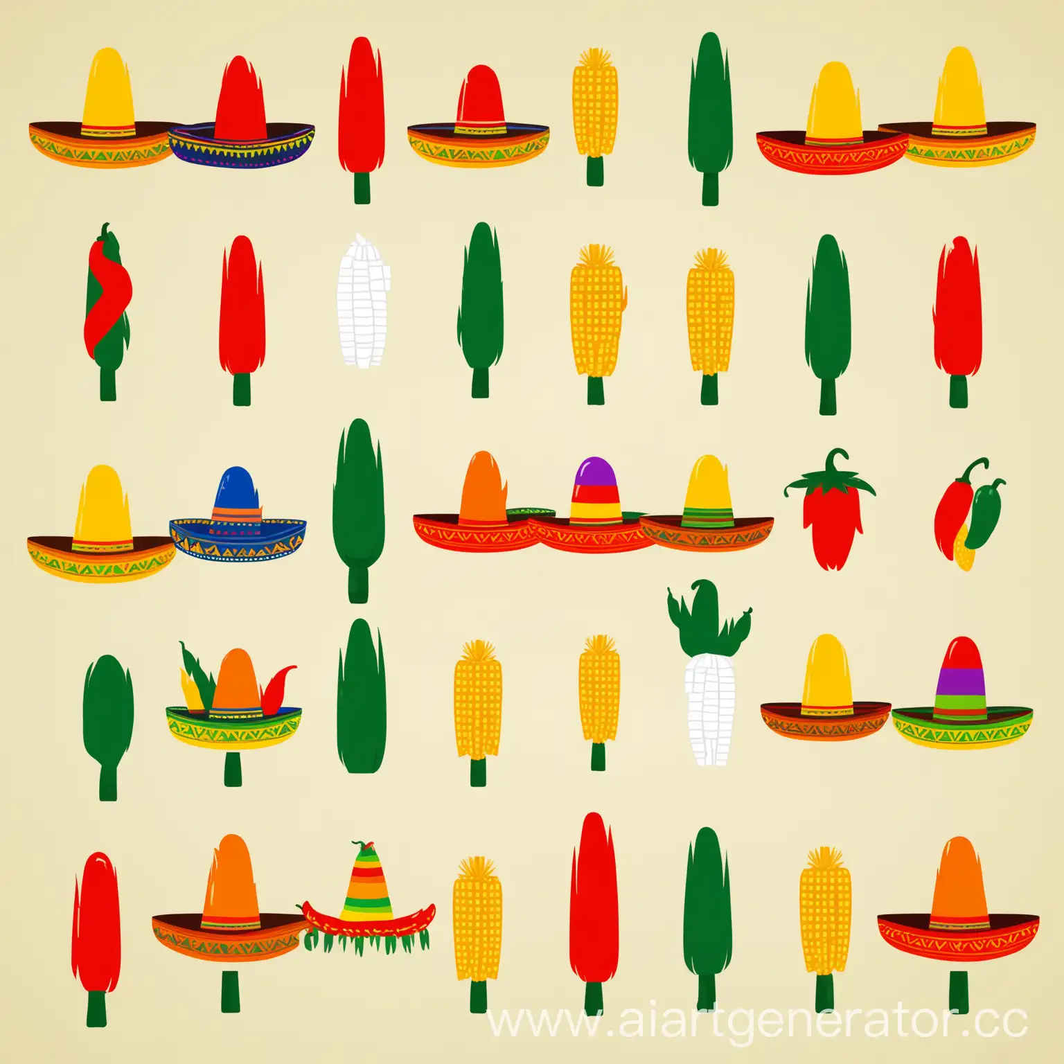 иконки, инфографика, минимализм, минимум деталей, мексиканский стиль, не больше трёх цветов, иконки в мексиканском стиле, иконки с мексикой, мексиканская шляпа, пиньята, перец халапеньо, кукуруза, перец чили