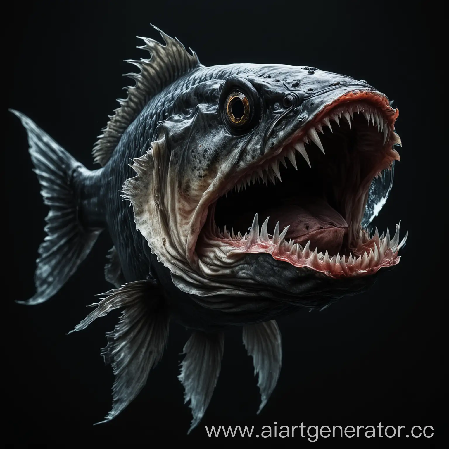 страшная рыба с острыми клыками, чёрный фон, реалистично