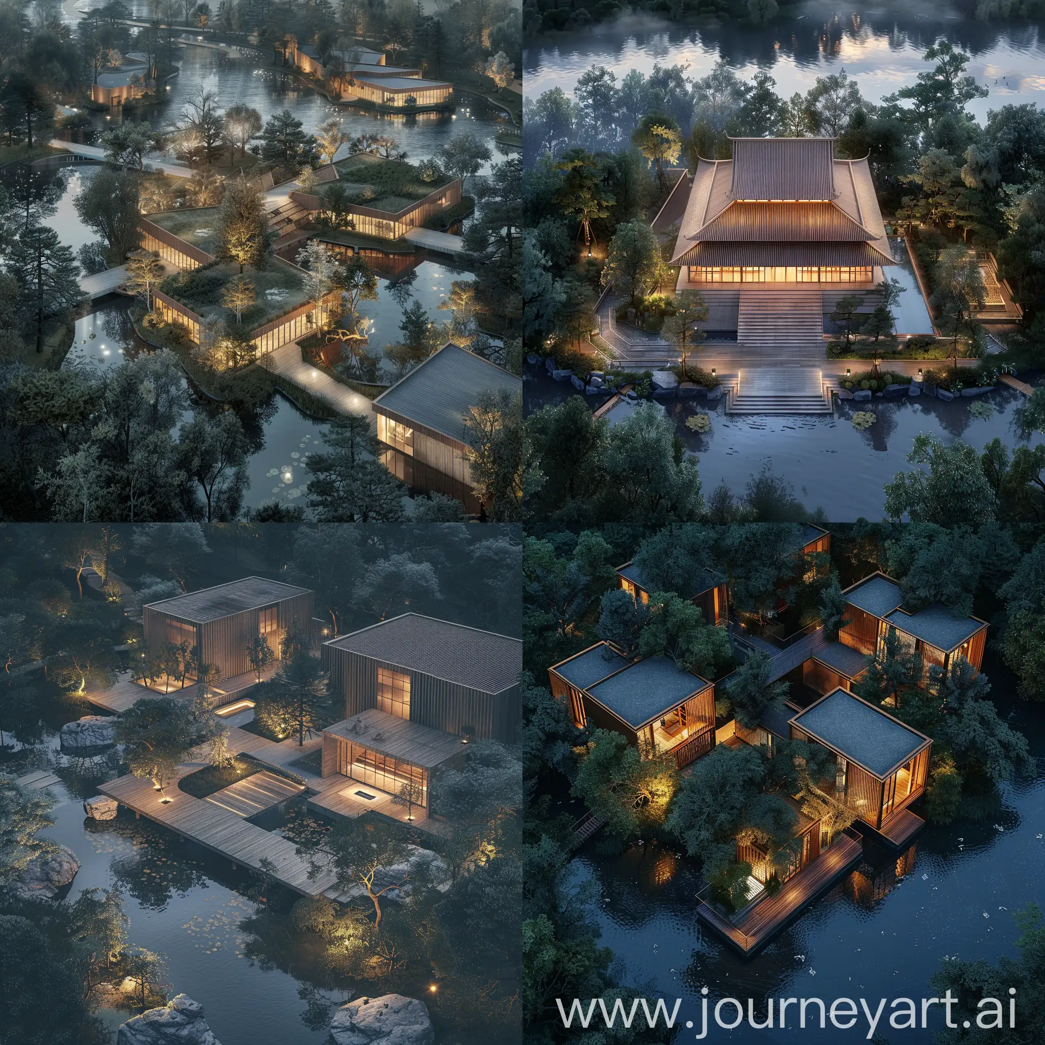 Aerial perspective,Temple Wooden , Riverside, Harmonious Interaction with Nature, Modern and Sustainable Design, Natural Serenity, Soft Ambient Lighting, Parametric forms, Detailed Architectural Rendering, Earth Tones and Natural Hues, High-Resolution Architectural Visualization, Realistic Quality, Environmental Consciousness