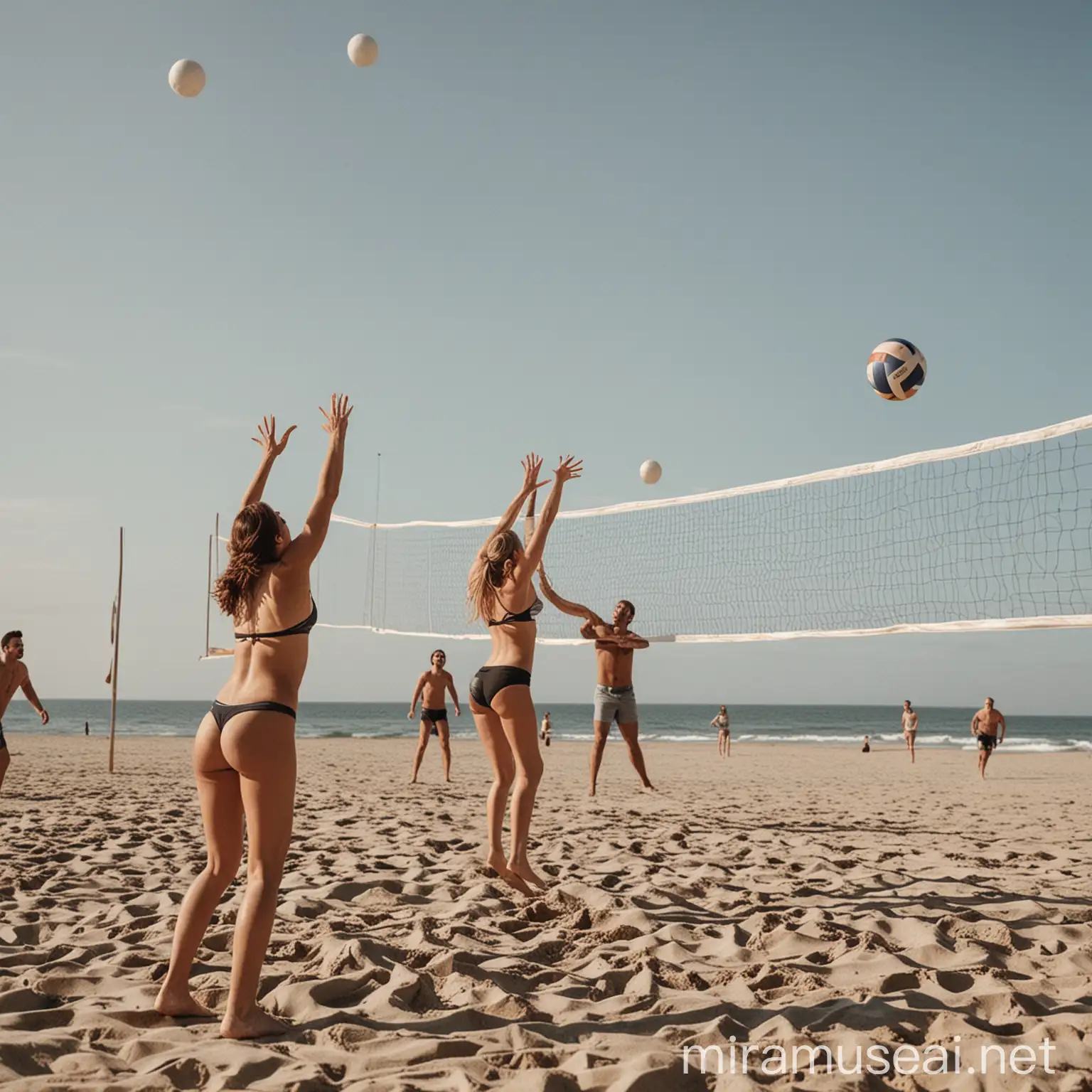 A group of man and woman playing volleyball on a beach