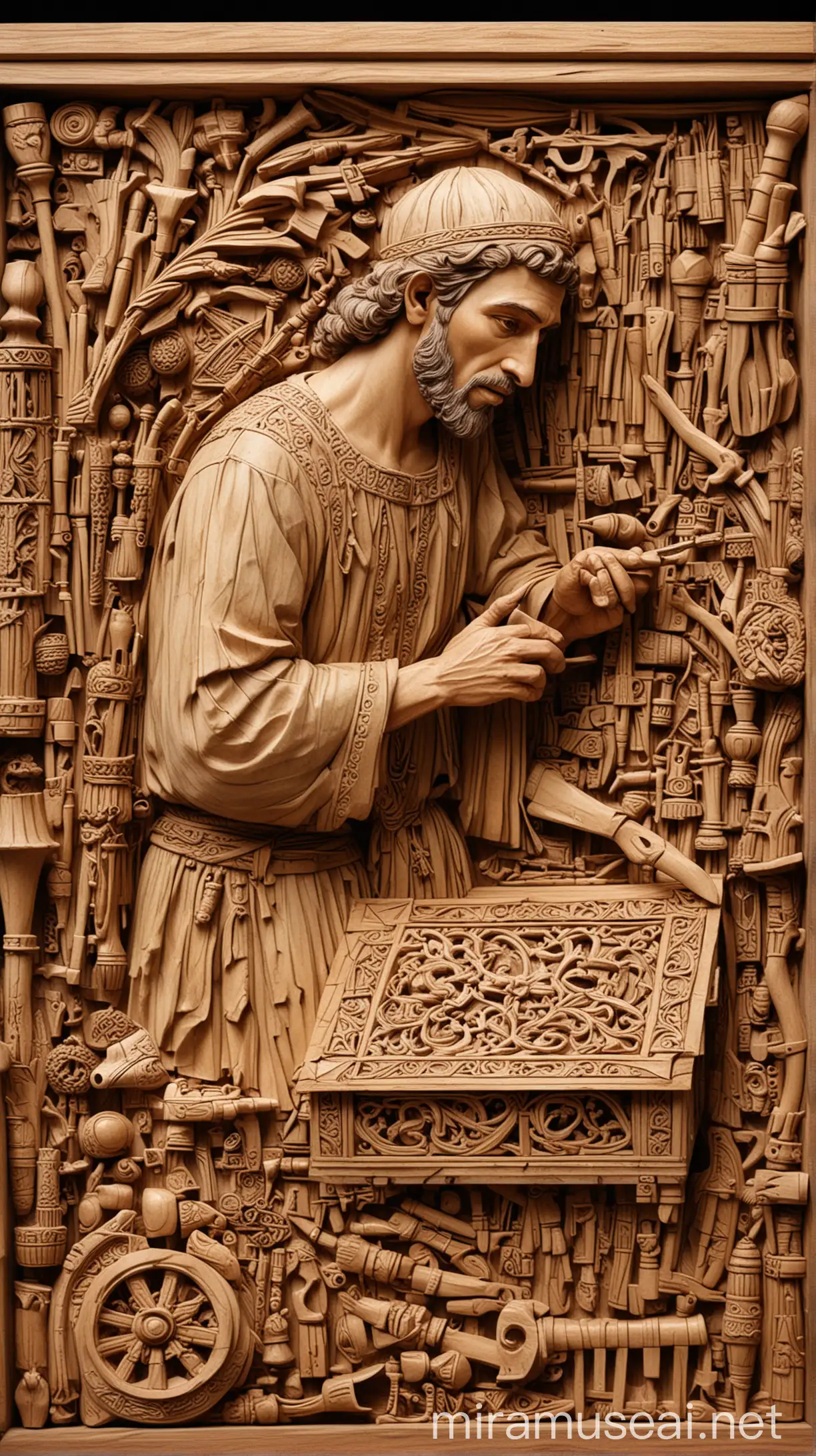 A medieval-style illustration of a skilled craftsman, Bezaleel, working on a intricately carved wooden box, with various tools and materials surrounding him."
Show image at: "In the 13th century BC, a skilled artisan named Bezaleel, son of Uri and member of the tribe of Judah, emerged as a master craftsman in his time."In ancient world 