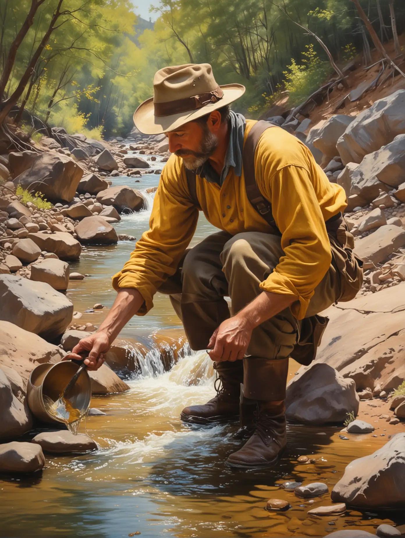 Degas style  oil painting of a gold miner panning for gold in a mountain creek