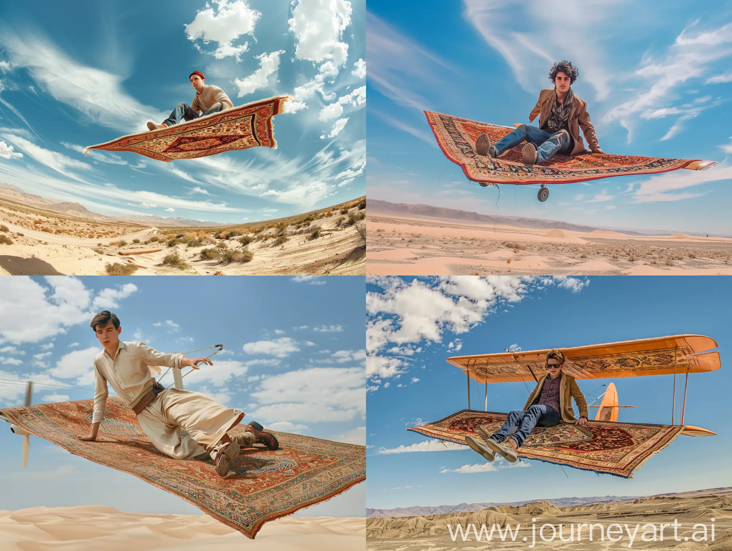красивый юноша, ковер-самолет, летающий персидский ковер, пустыня, голубое небо, высокая детализация