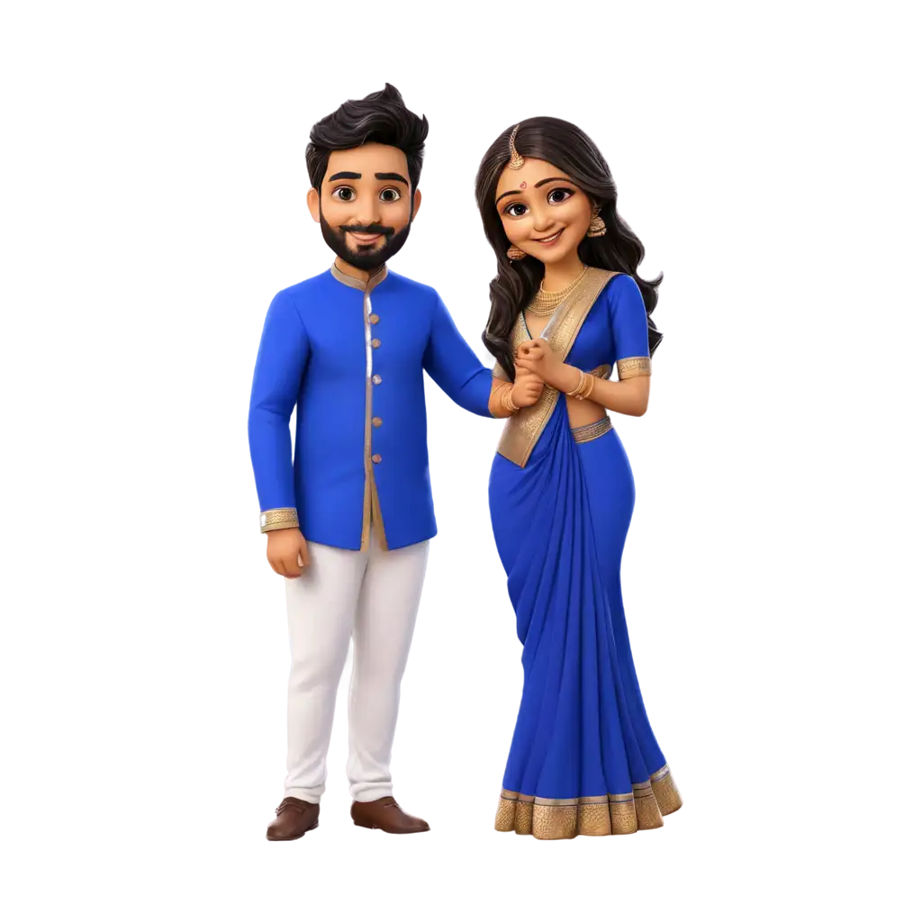 south indian wedding couple for caricature with chubby long hair bride wearing royal blue saree and groom wearing royal blue kurta