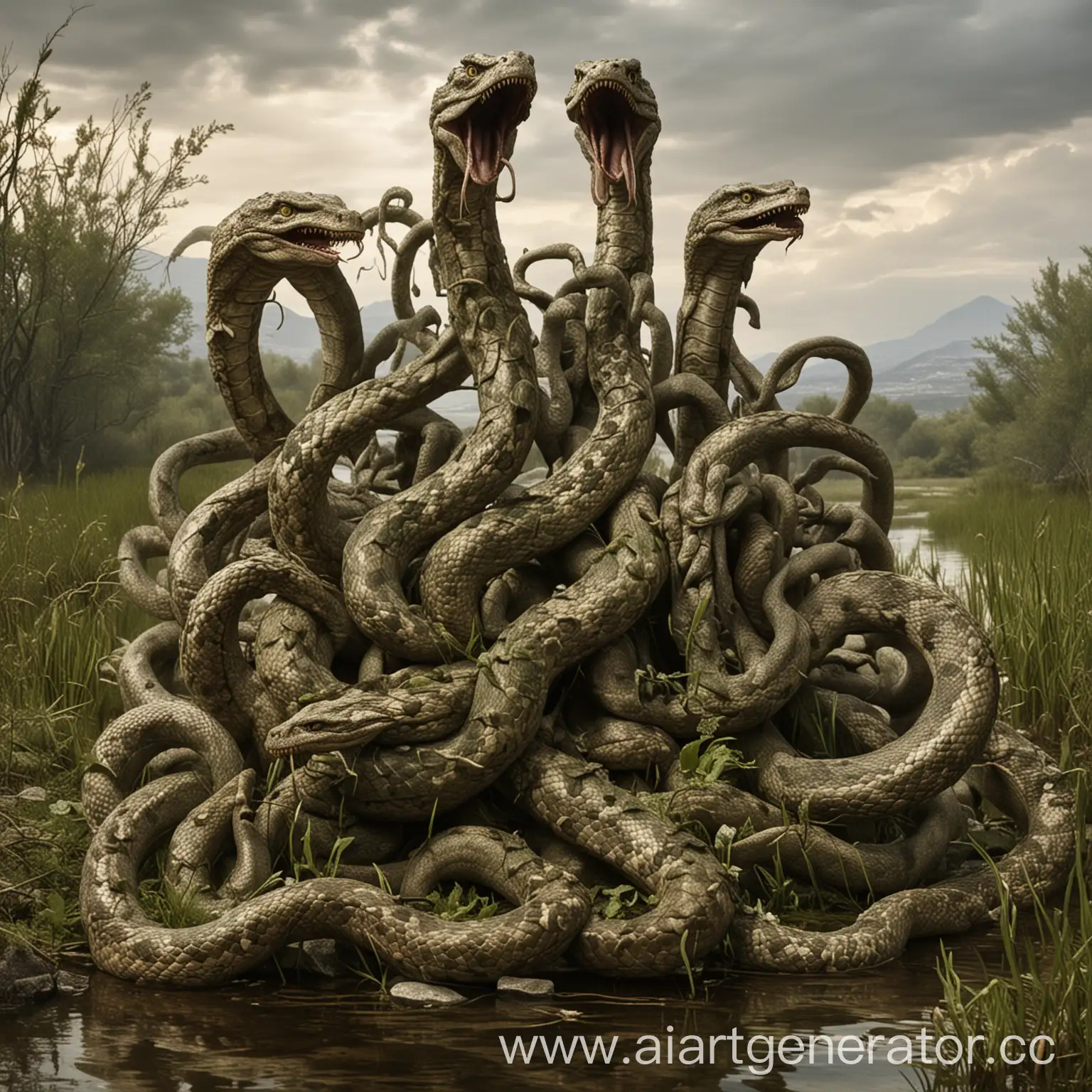 Лернейская гидра — многоголовое существо, похожее на змею, обитающее в болотах Греции.