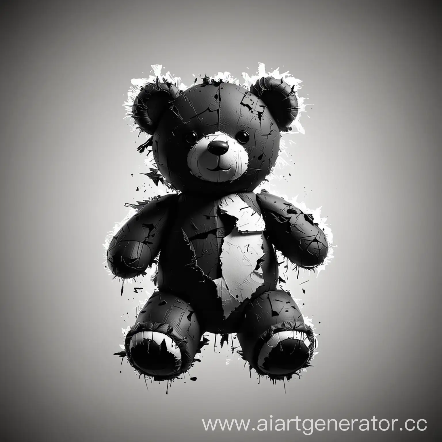 the silhouette of a torn teddy bear, black and wite, with ripped parts

